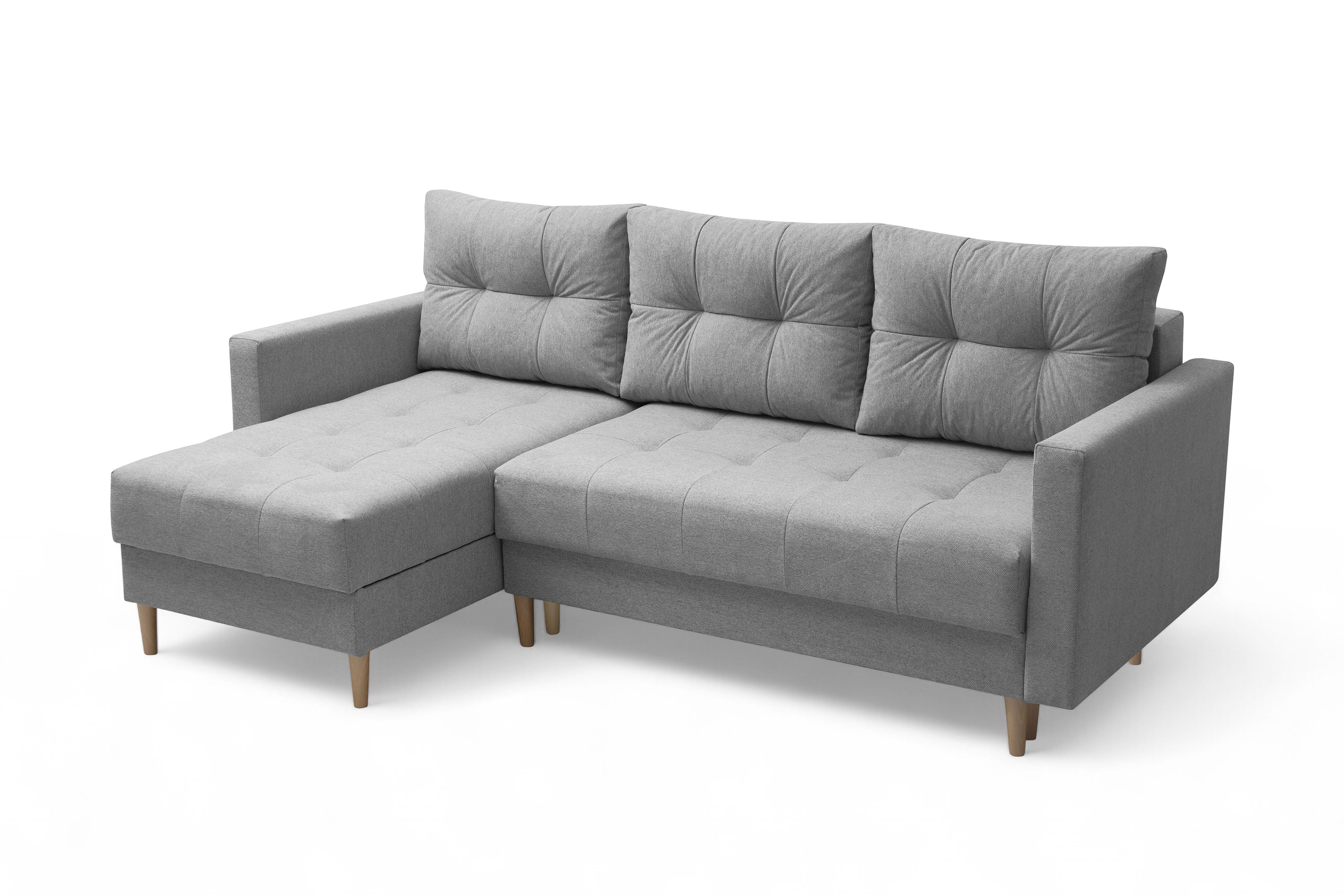 Rohová rozkladacia sedačka Romano L univerzálna – sivá pletená látka Gemma 86 / bukové nožičky Rohová sedacia súprava Romano L rozkladany uniwersalny prawo/Ľavá strana - šedá plecionka Gemma 86