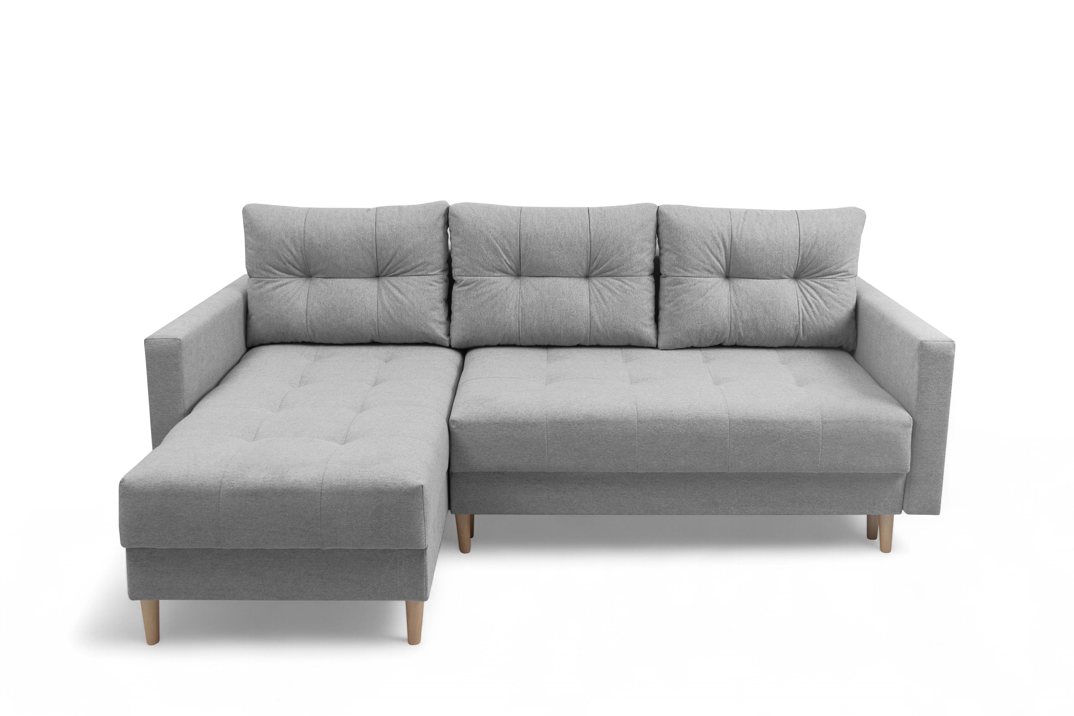 Rohová rozkladacia sedačka Romano L univerzálna – sivá pletená látka Gemma 86 / bukové nožičky Rohová sedacia súprava Romano L rozkladany uniwersalny prawo/Ľavá strana - šedá plecionka Gemma 86