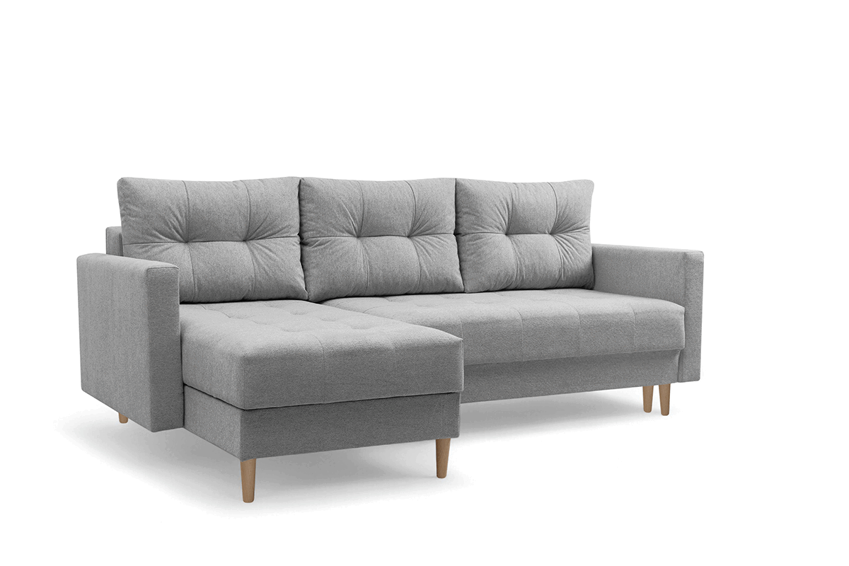 Rohová rozkladacia sedačka Romano L univerzálna – sivá pletená látka Gemma 86 / bukové nožičky Rohová sedacia súprava Romano L rozkladany uniwersalny prawo/Ľavá strana - šedá plecionka Gemma 86