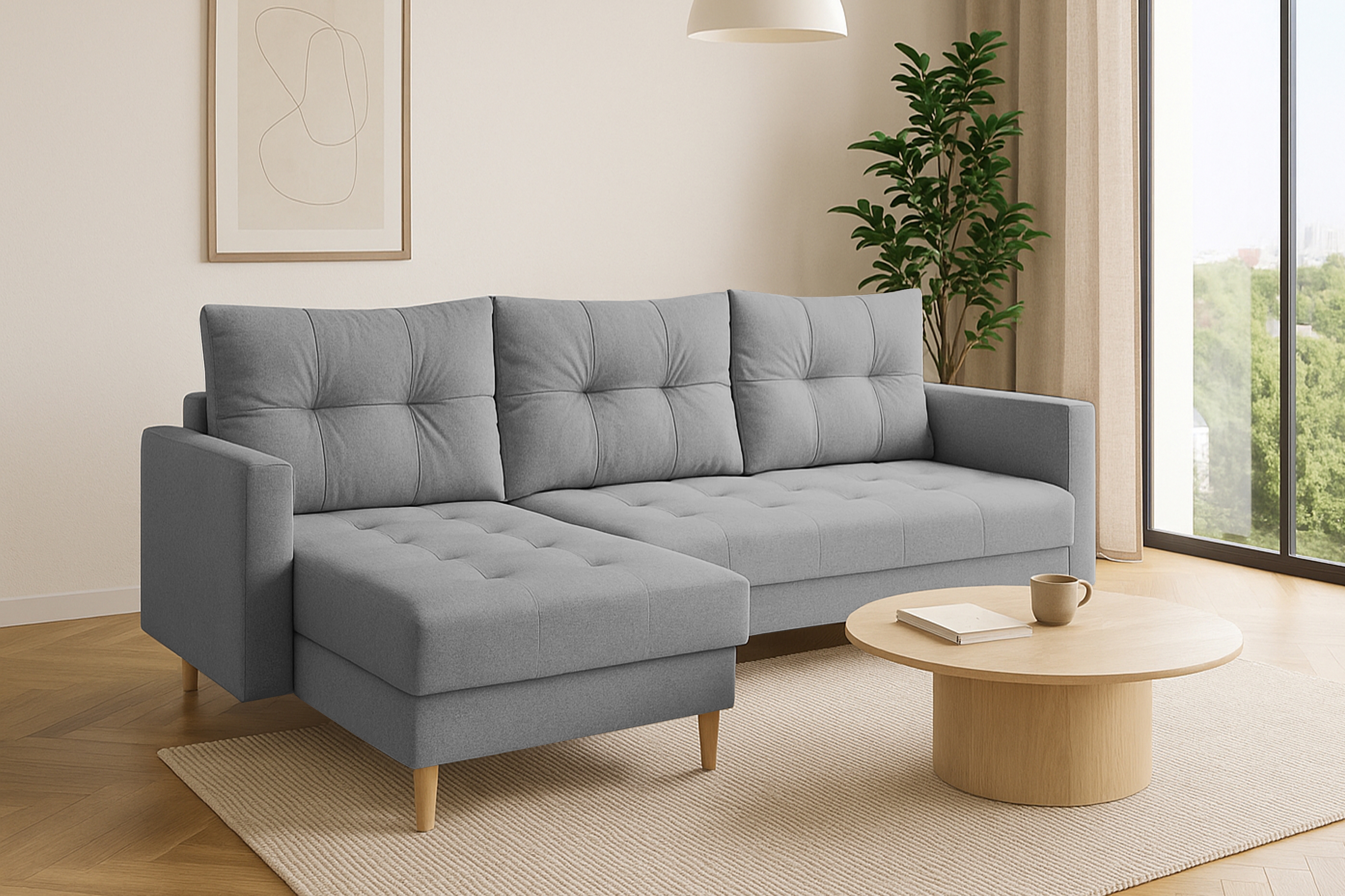 Rohová rozkladacia sedačka Romano L univerzálna – sivá pletená látka Gemma 86 / bukové nožičky Rohová sedacia súprava Romano L rozkladany uniwersalny prawo/Ľavá strana - šedá plecionka Gemma 86