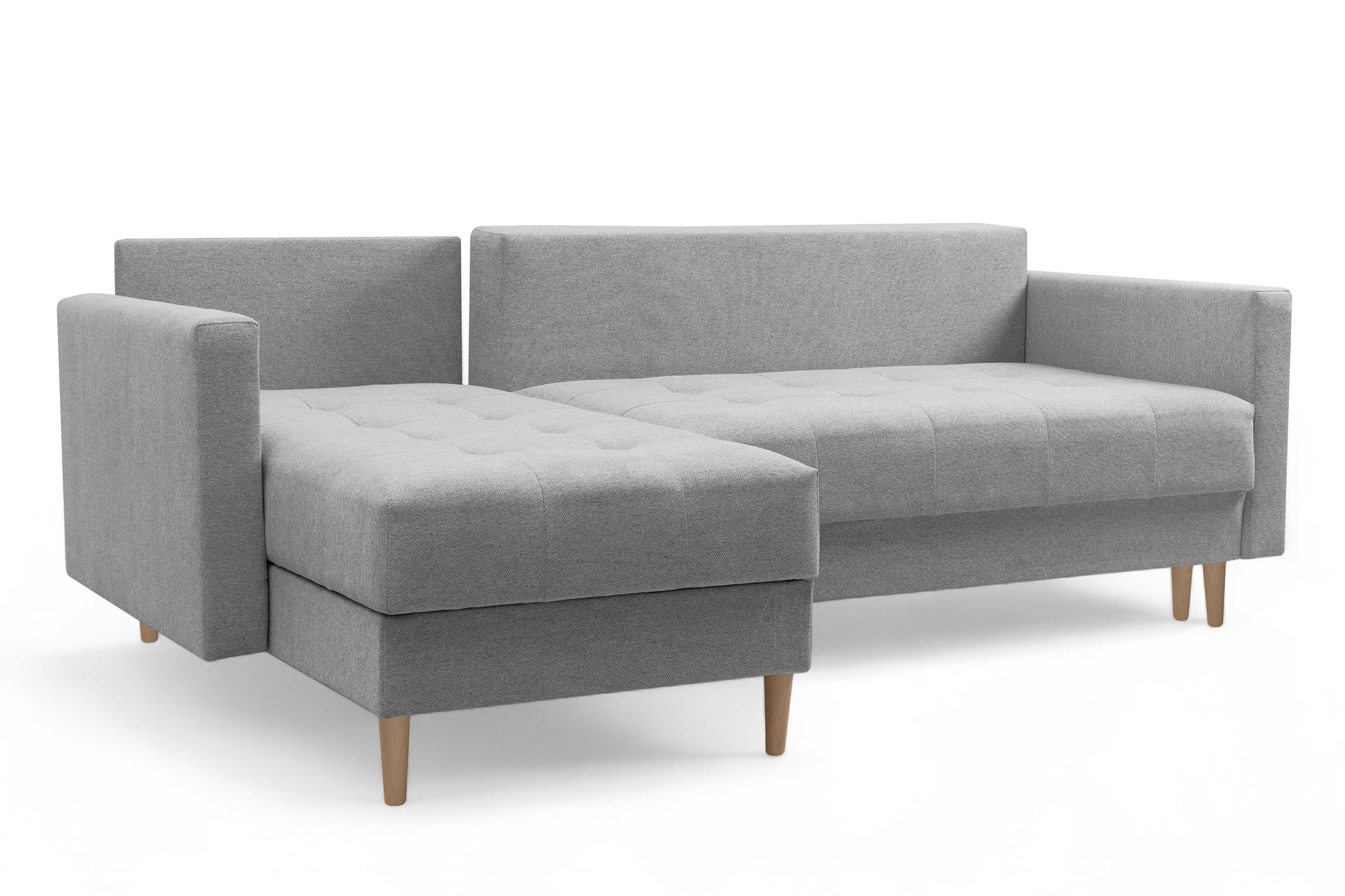 Rohová rozkladacia sedačka Romano L univerzálna – sivá pletená látka Gemma 86 / bukové nožičky Rohová sedacia súprava Romano L rozkladany uniwersalny prawo/Ľavá strana - šedá plecionka Gemma 86