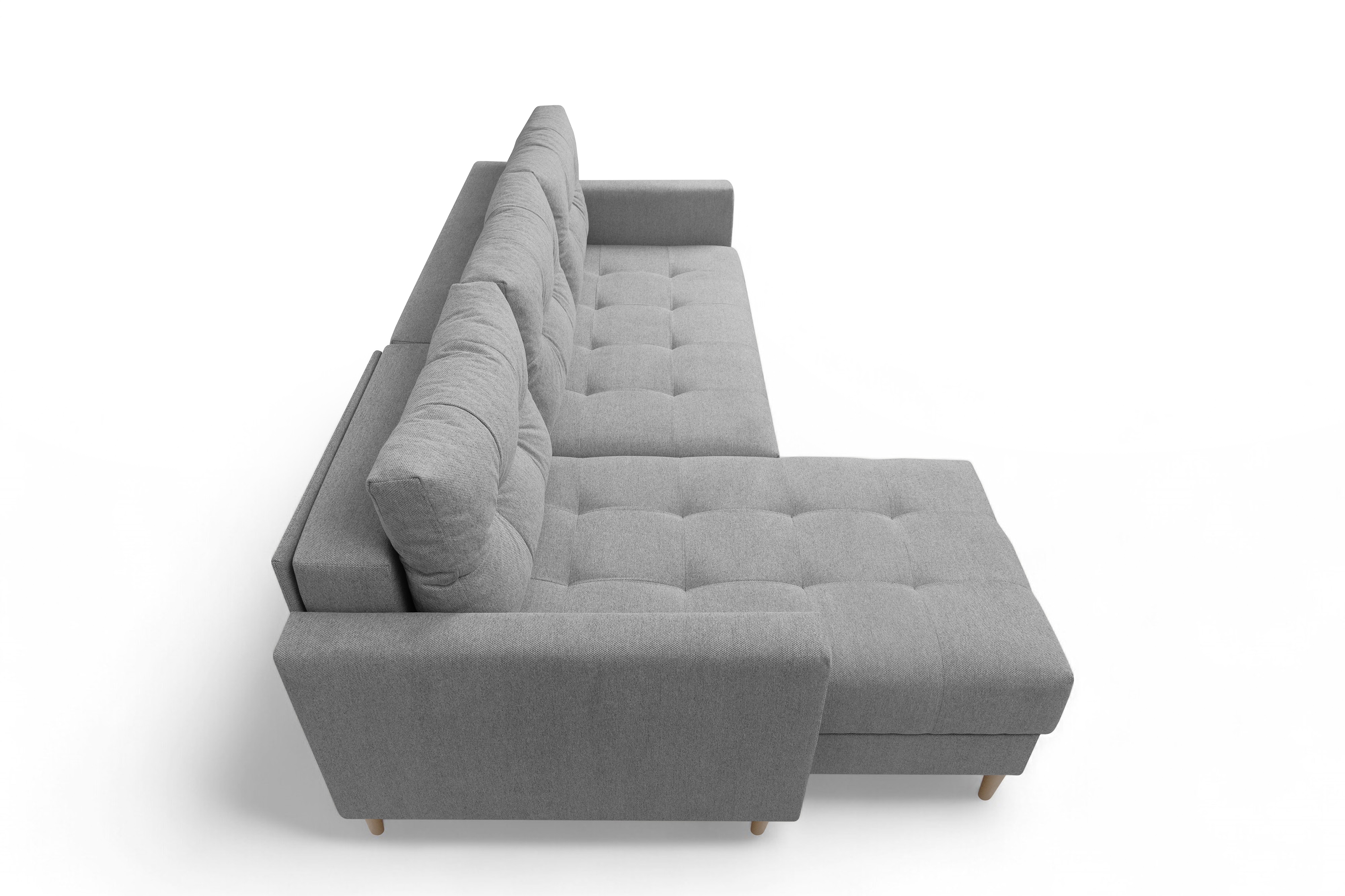 Rohová rozkladacia sedačka Romano L univerzálna – sivá pletená látka Gemma 86 / bukové nožičky Rohová sedacia súprava Romano L rozkladany uniwersalny prawo/Ľavá strana - šedá plecionka Gemma 86