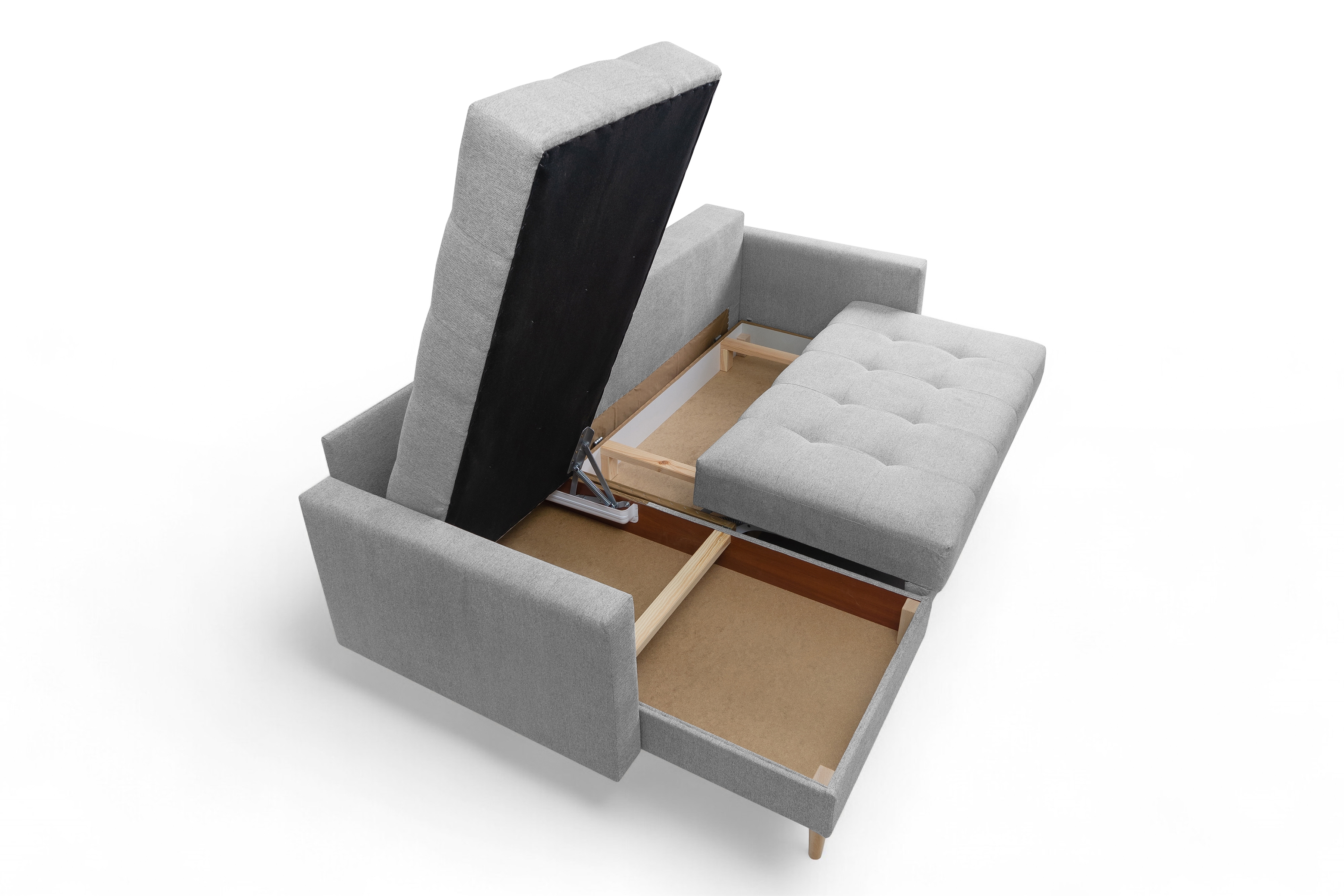 Rohová rozkladacia sedačka Romano L univerzálna – sivá pletená látka Gemma 86 / bukové nožičky Rohová sedacia súprava Romano L rozkladany uniwersalny prawo/Ľavá strana - šedá plecionka Gemma 86