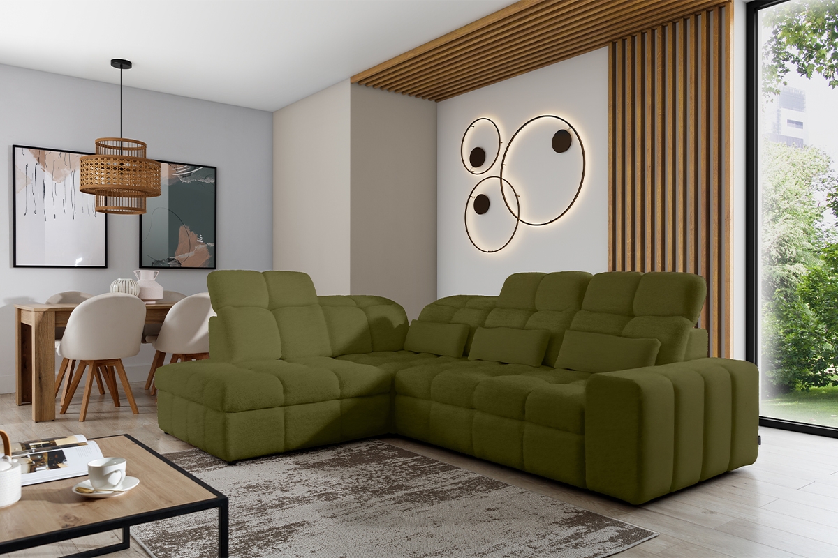 Rohová sedacia súprava Magnelio L ľavá elektrická s rozkladacou funkciou - zelený zamat Velluto 35 Rohová sedacia súprava rozkladany Magnelio L s elektricky výsuvným sedákem Ľavá strana - Zelený velúr Velluto 35 