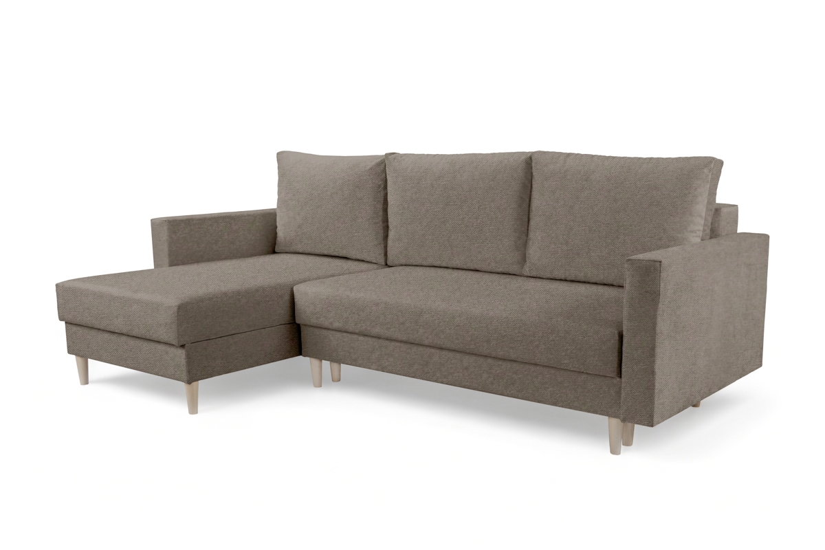 Univerzálna rozkladacia rohová sedačka Nylion - hnedá pletenina Gemma 13 / buk Rohová sedacia súprava rozkladany s úložným priestorom Nylion - Hnedá plecionka Gemma 13, Nohy buk