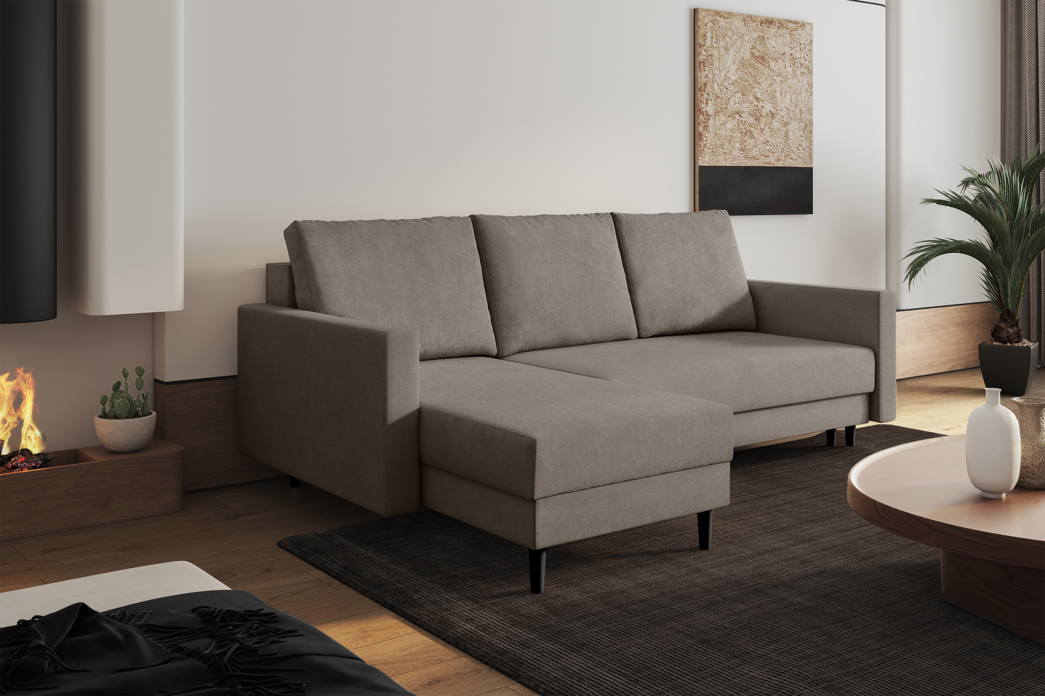 Univerzálna rozkladacia rohová sedačka Nylion - hnedá pletenina Gemma 13 / čierna Rohová sedacia súprava rozkladany s úložným priestorom Nylion - Hnedá plecionka Gemma 13, Nohy čierny