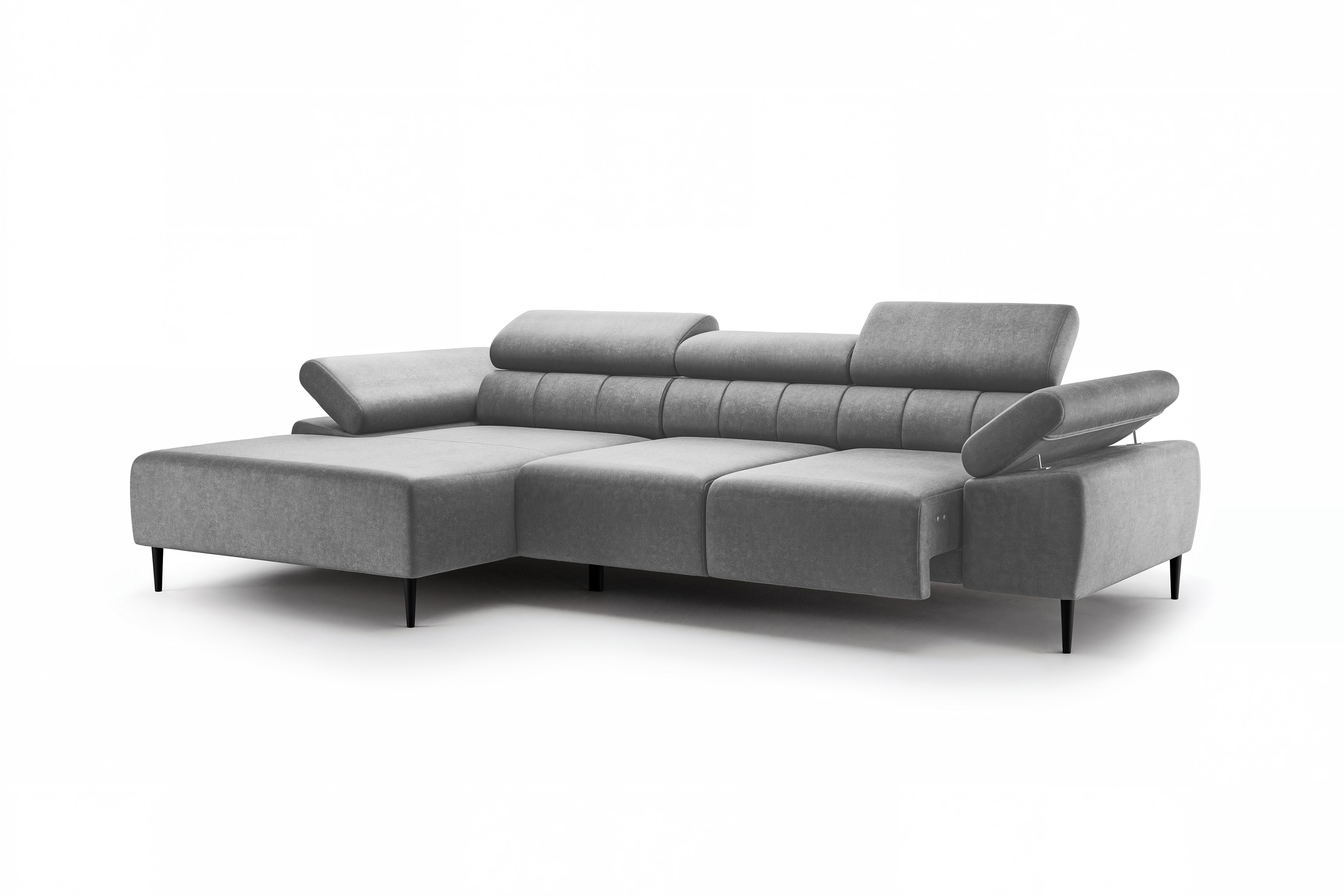 Rohová sedačka Taloria Mini s elektricky výsuvným sedákem levostranná - šedý samet Zetta 304 / černé nohy Rohová sedací souprava Taloria Mini z elektricky wysuwanym sedadlem levá - šedá welwet  Zetta 304 / Nohy černá 