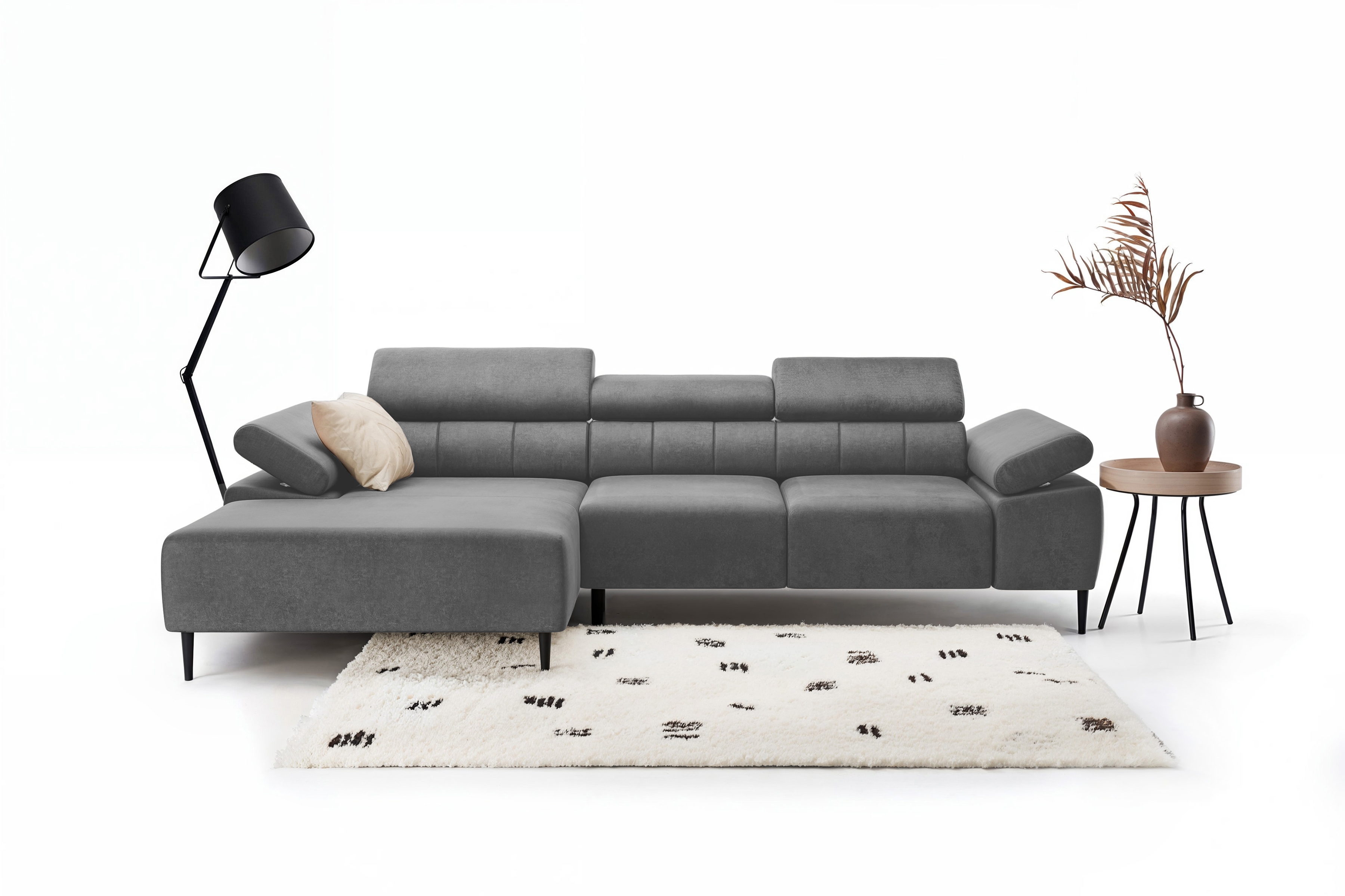 Rohová sedačka Taloria Mini s elektricky výsuvným sedákem levostranná - šedý samet Zetta 304 / černé nohy Rohová sedací souprava Taloria Mini z elektricky wysuwanym sedadlem levá - šedá welwet  Zetta 304 / Nohy černá 