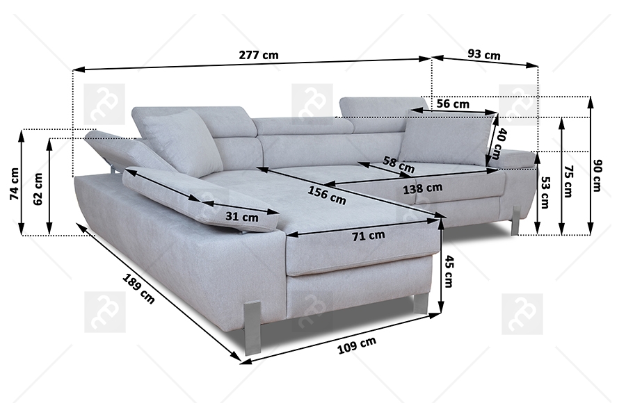 Rohová sedacia súprava MA Mini pravá s rozkladom - námornícka modrá zamat Matt Velvet 79 Rohová sedacia súprava MA - szczegolowe Rozmery