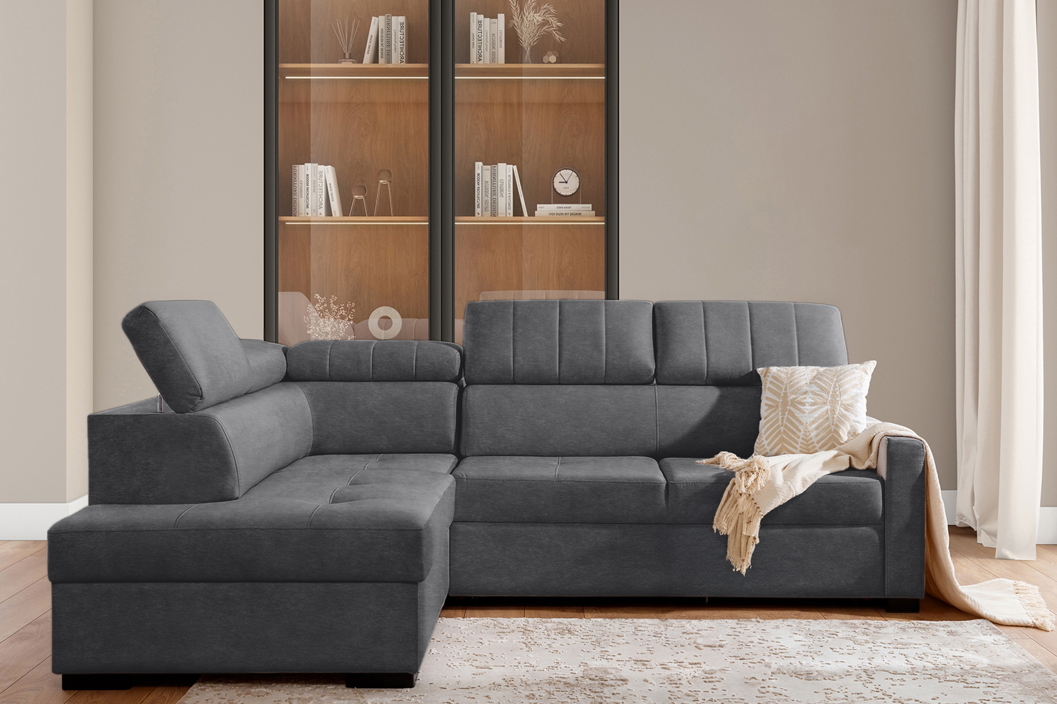 Rozkládací rohová sedací souprava Taremo L levá – šedá Zetta 304 Rohová sedací souprava Taremo L rozkládací levá - šedá samet latwoczyszczacy Zetta 304