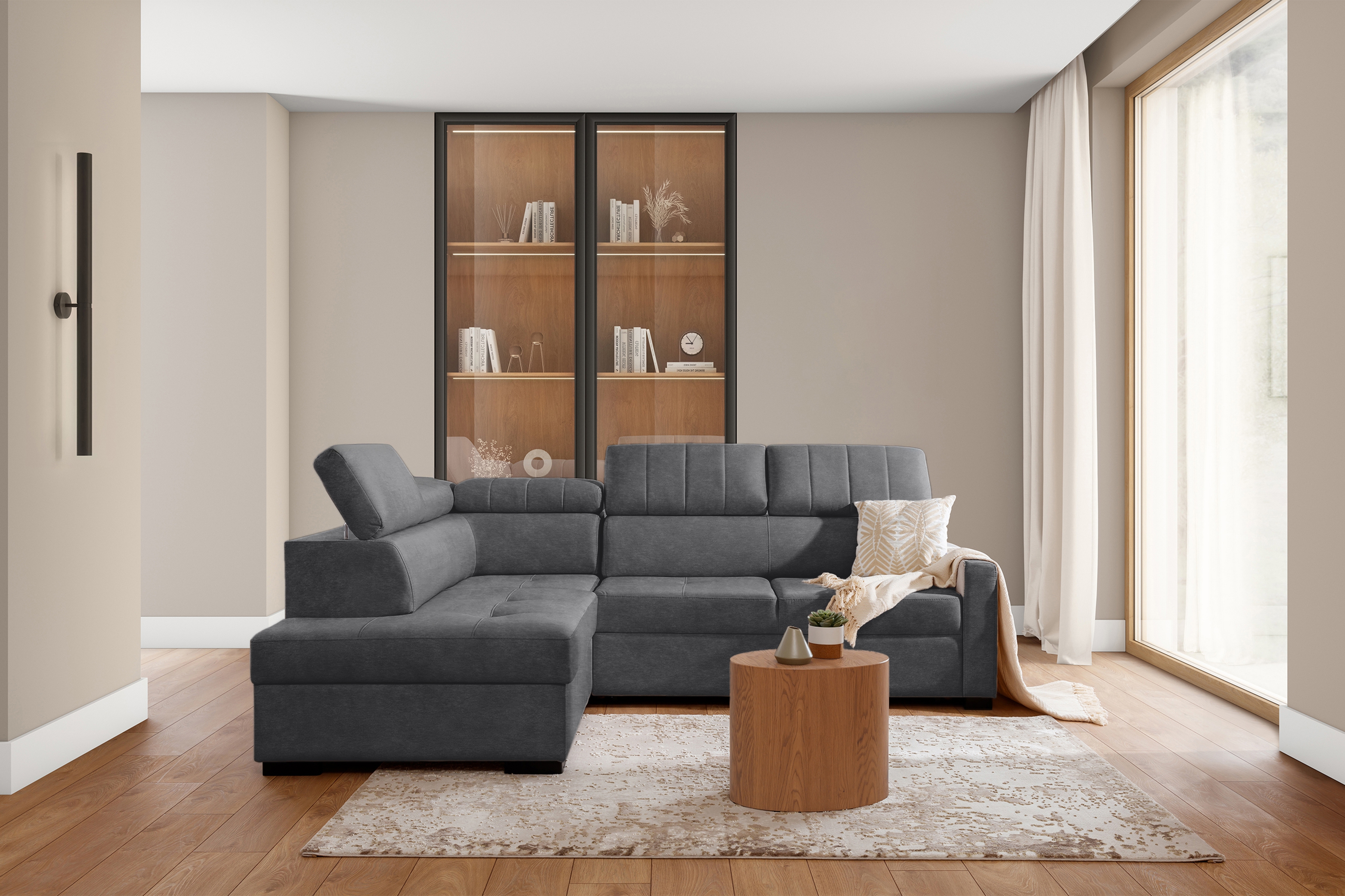 Rozkládací rohová sedací souprava Taremo L levá – šedá Zetta 304 Rohová sedací souprava Taremo L rozkládací levá - šedá samet latwoczyszczacy Zetta 304