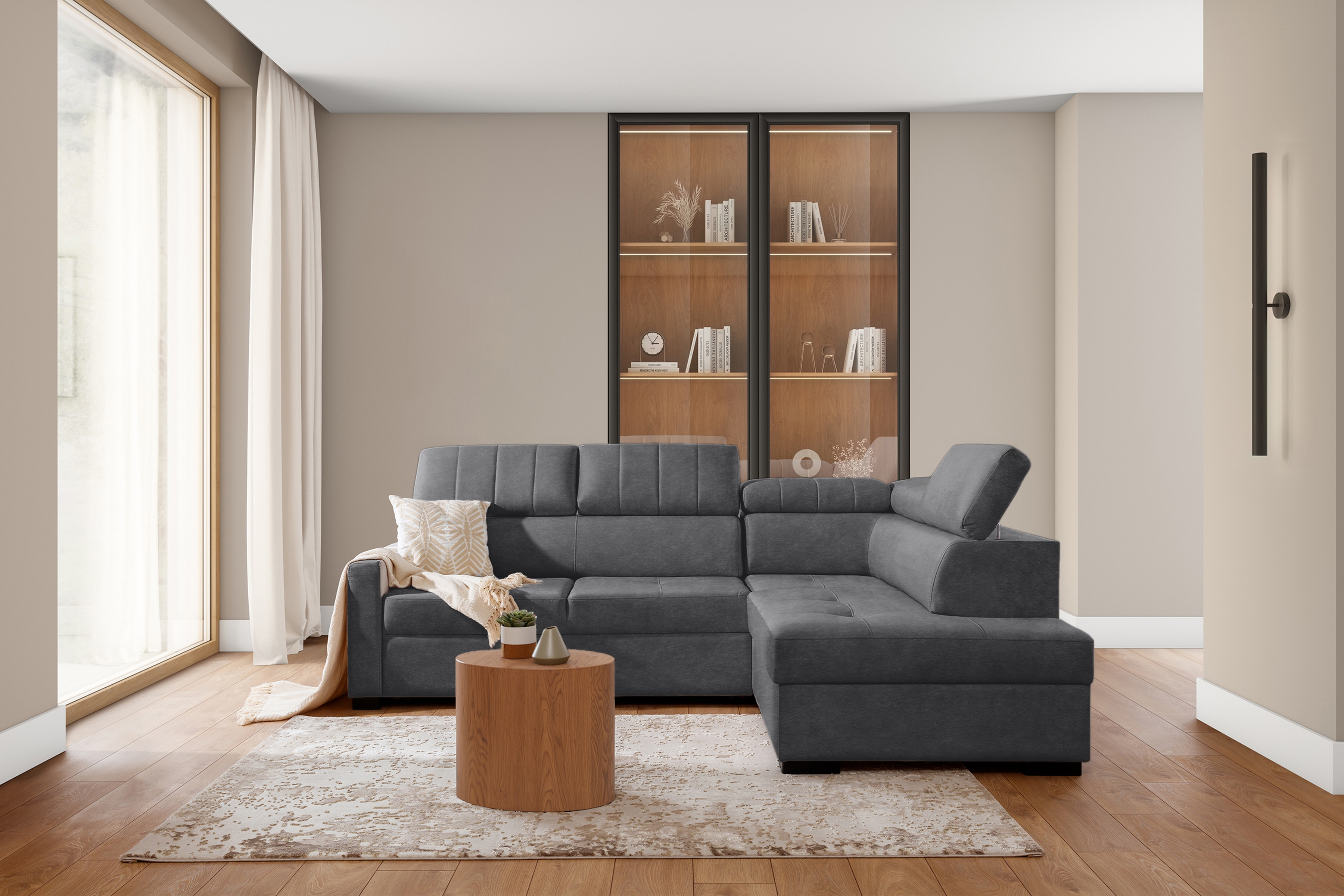 Rozkládací rohová sedací souprava Taremo L pravá – šedá Zetta 304 Rohová sedací souprava Taremo L rozkládací pravá - šedá samet latwoczyszczacy Zetta 304 