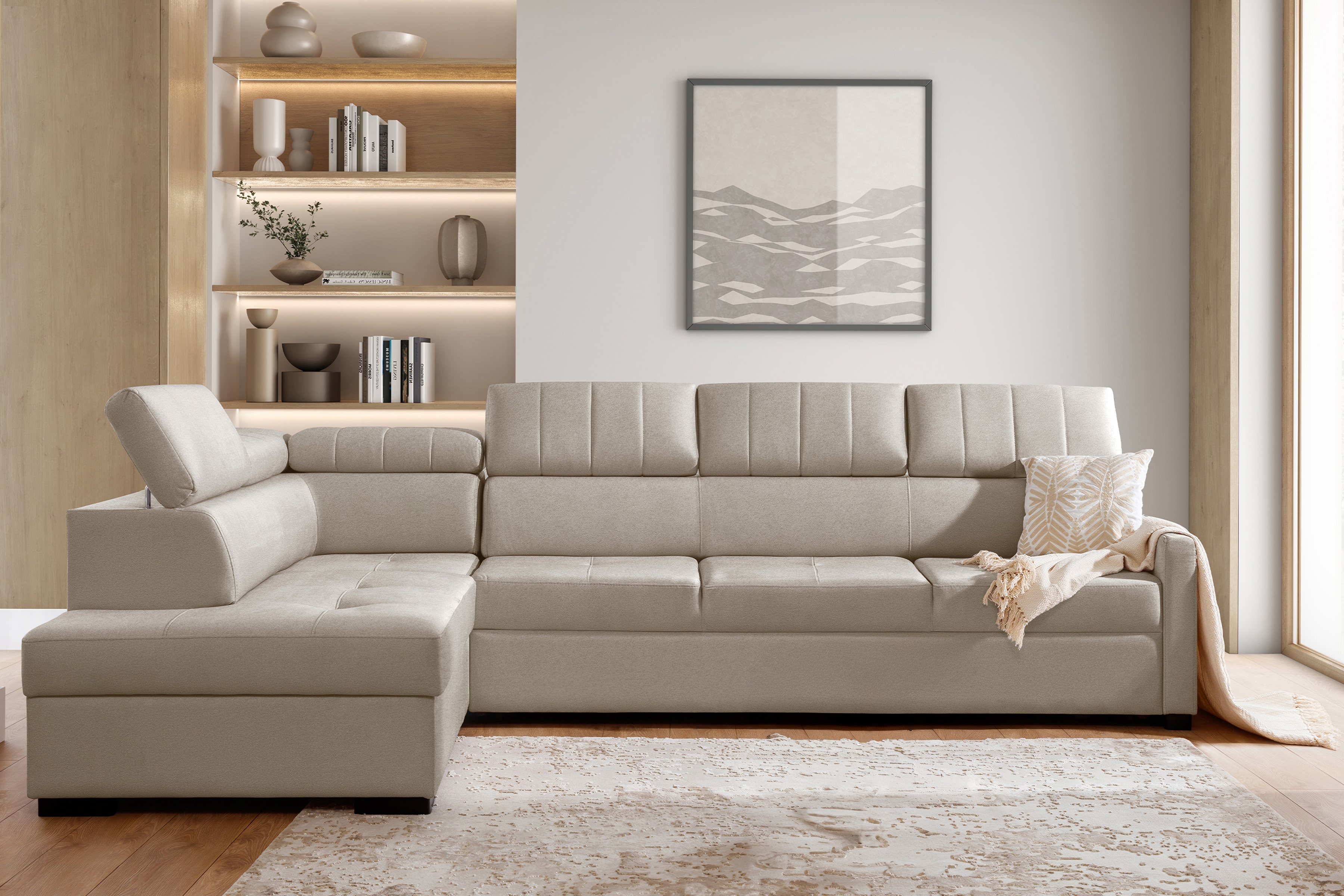 Rozkladacia rohová sedacia súprava Taremo Maxi ľavá - krémová pletenina Ado 1601 Halva Rohová sedacia súprava Taremo Maxi s funkciou spánku Ľavá strana - kremowa plecionka Ado 1601 Halva