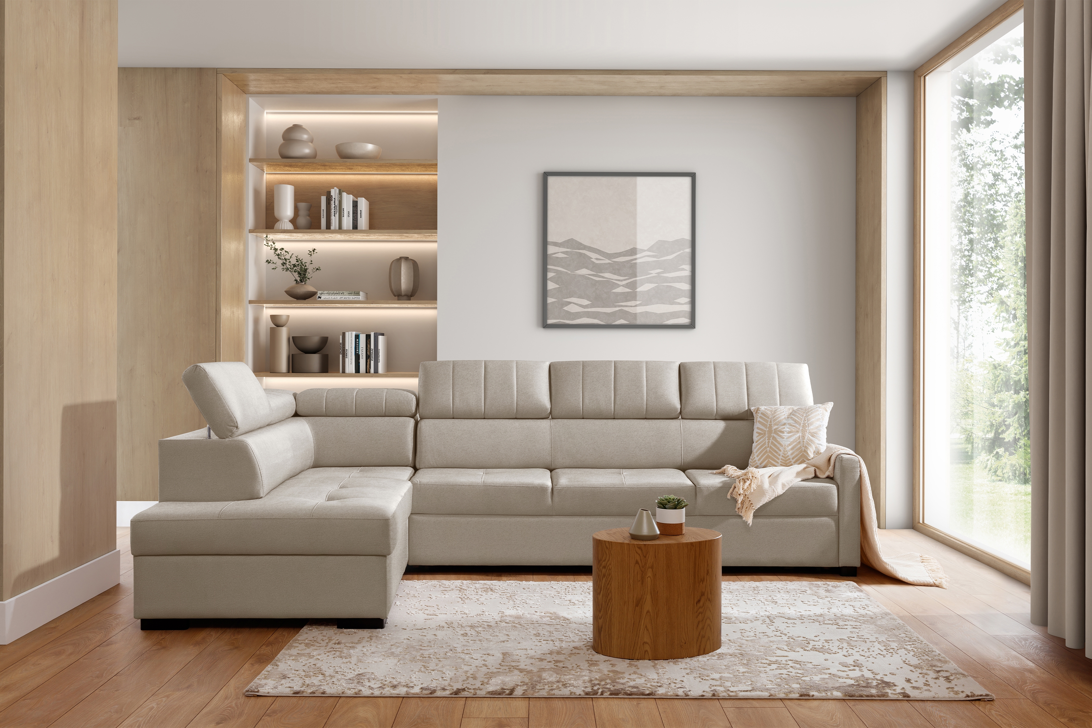 Rozkladacia rohová sedacia súprava Taremo Maxi ľavá - krémová pletenina Ado 1601 Halva Rohová sedacia súprava Taremo Maxi s funkciou spánku Ľavá strana - kremowa plecionka Ado 1601 Halva