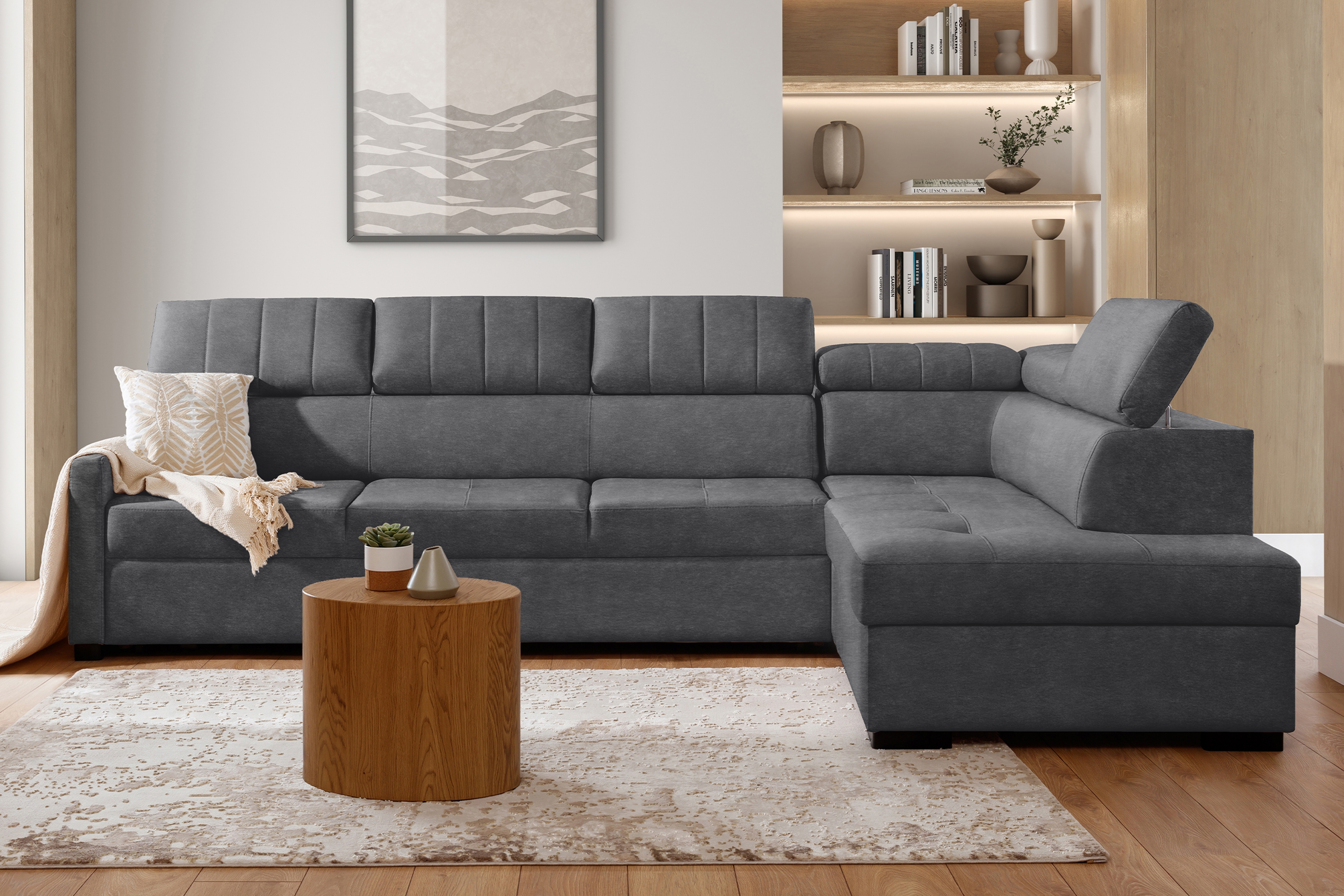 Rozkládací rohová sedací souprava Taremo Maxi pravá – šedá Zetta 304 Rohová sedací souprava Taremo Maxi rozkládací pravá - šedá samet latwoczyszczacy Zetta 304 