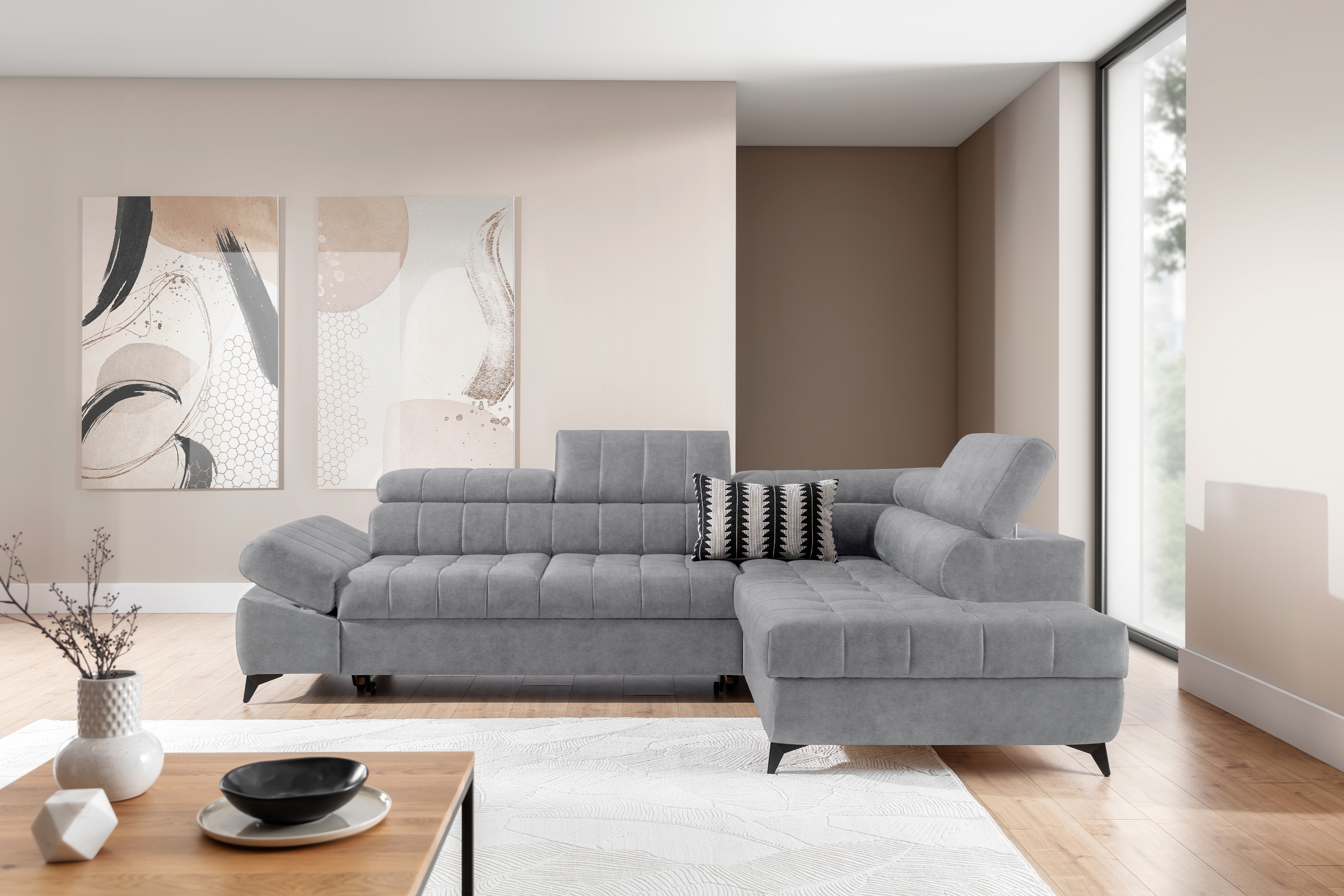 Rohová sedačka Valoris L s rozkladom pravá - sivý ľahko čistiteľný zamat Cloud 81 Rohová sedacia súprava Valoris L s funkciou spánku pravá strana - šedý velúr ľahkočistiaci Cloud 81