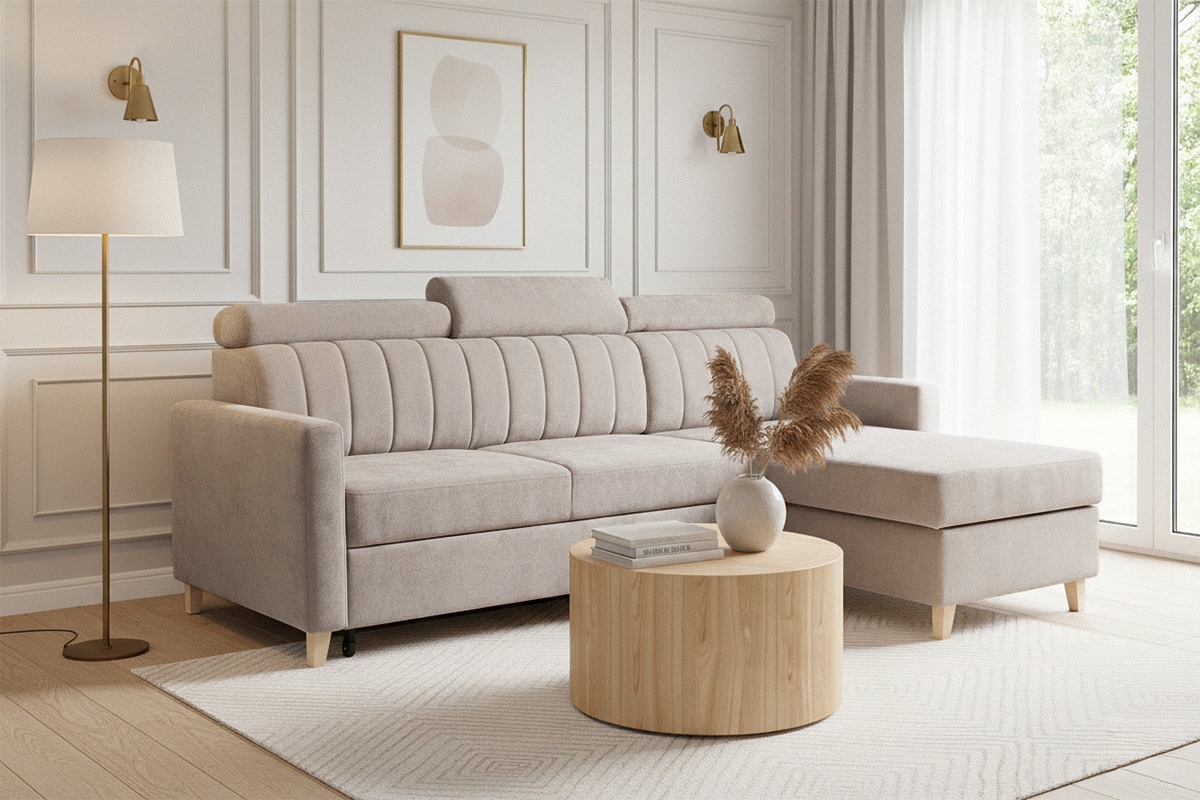 Rohová pohovka Vario s rozkladem univerzální pravolevá - béžová pletenina Freya 210-03 Rohová sedací souprava Vario rozkládací uniwersalny prawo/levá - béžová Pletenina Freya 210-03