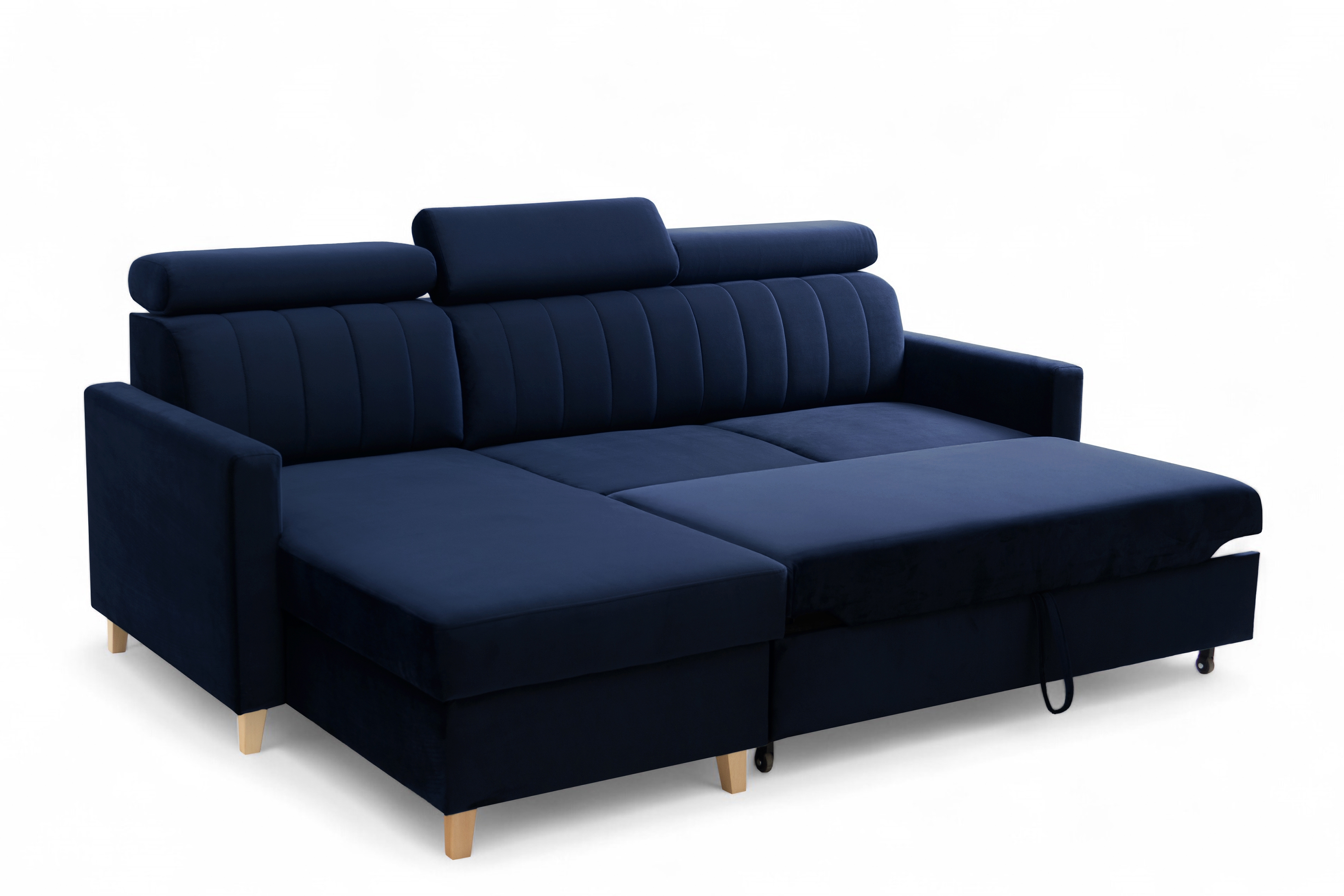 Rozkladacia rohová sedacia súprava Vario univerzálna – tmavomodrý zamat Bluvel 86 Rohová sedacia súprava Vario s funkciou spánku uniwersalny prawo/Ľavá strana - námornícka modrá velúr Bluvel 86