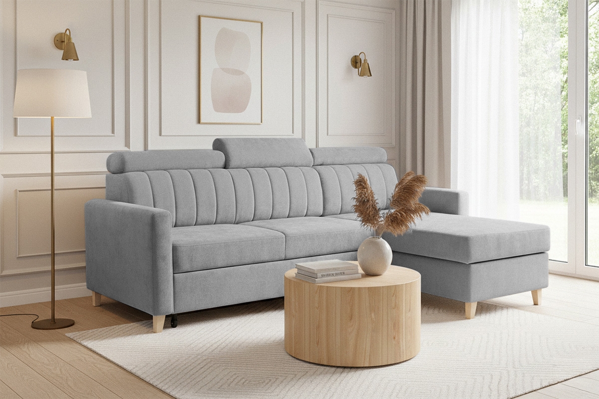 Rohová sedacia súprava Vario univerzálna s funkciou spania - svetlosivý šenil Wind 84 Rohová sedacia súprava Vario s funkciou spánku uniwersalny prawo/Ľavá strana - svetlý šedý šenil Wind 84 