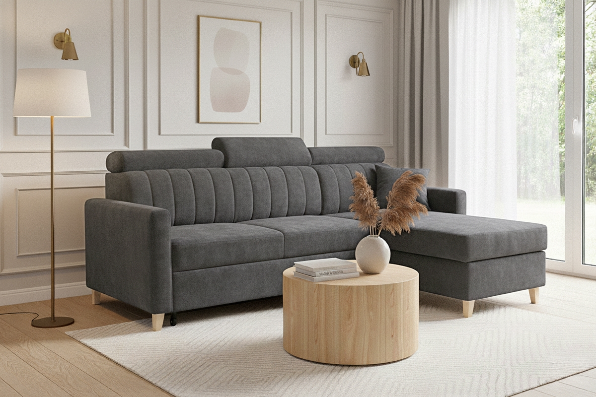 Rozkladacia rohová sedačka Vario univerzálna - sivá žinylka Wind 89 Rohová sedacia súprava Vario s funkciou spánku uniwersalny prawo/Ľavá strana - šedý šenil Wind 89