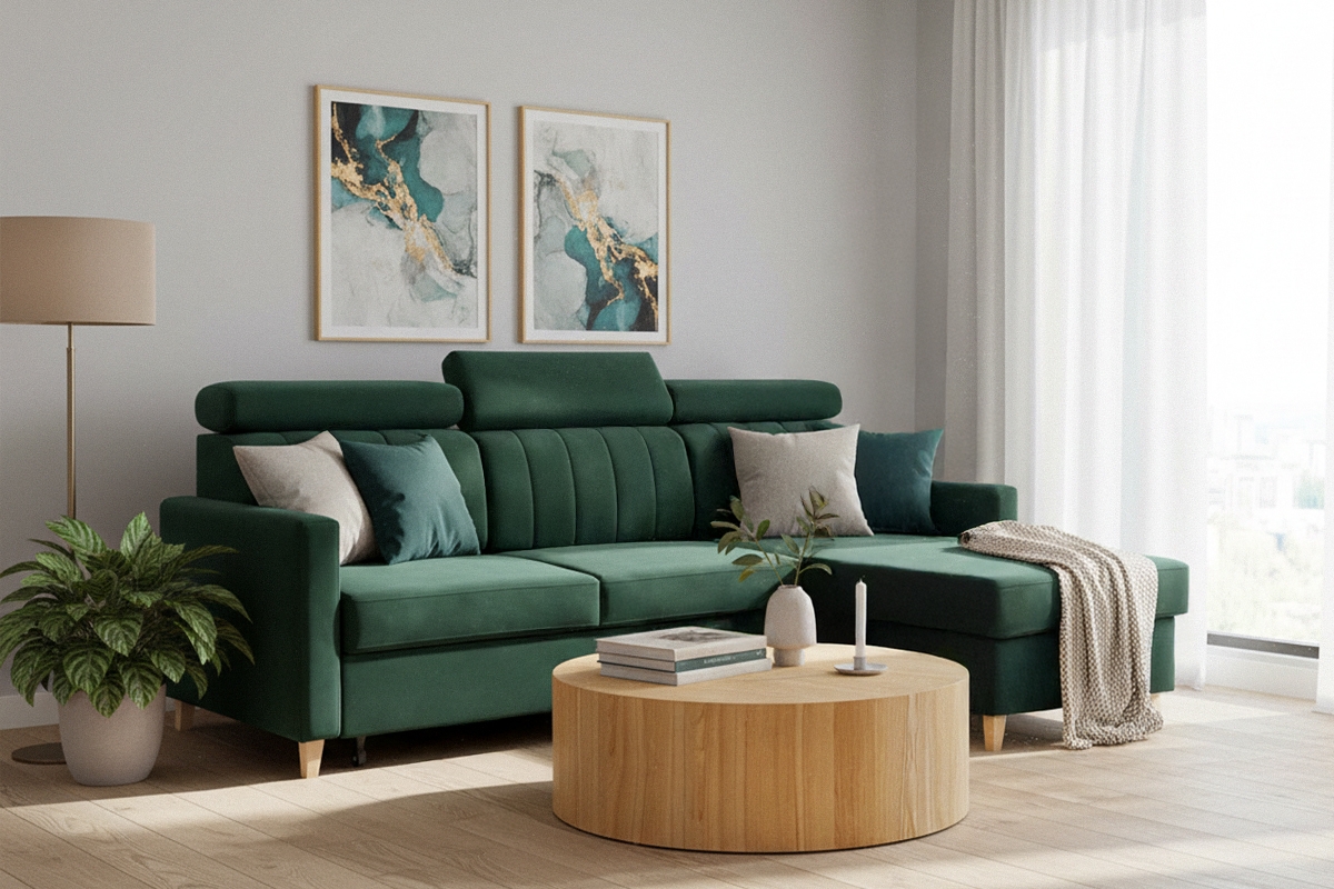 Rozkladacia rohová sedačka Vario univerzálna - zelený velúr Bluvel 78 Rohová sedacia súprava Vario s funkciou spánku uniwersalny prawo/Ľavá strana - Zelený velúr Bluvel 78