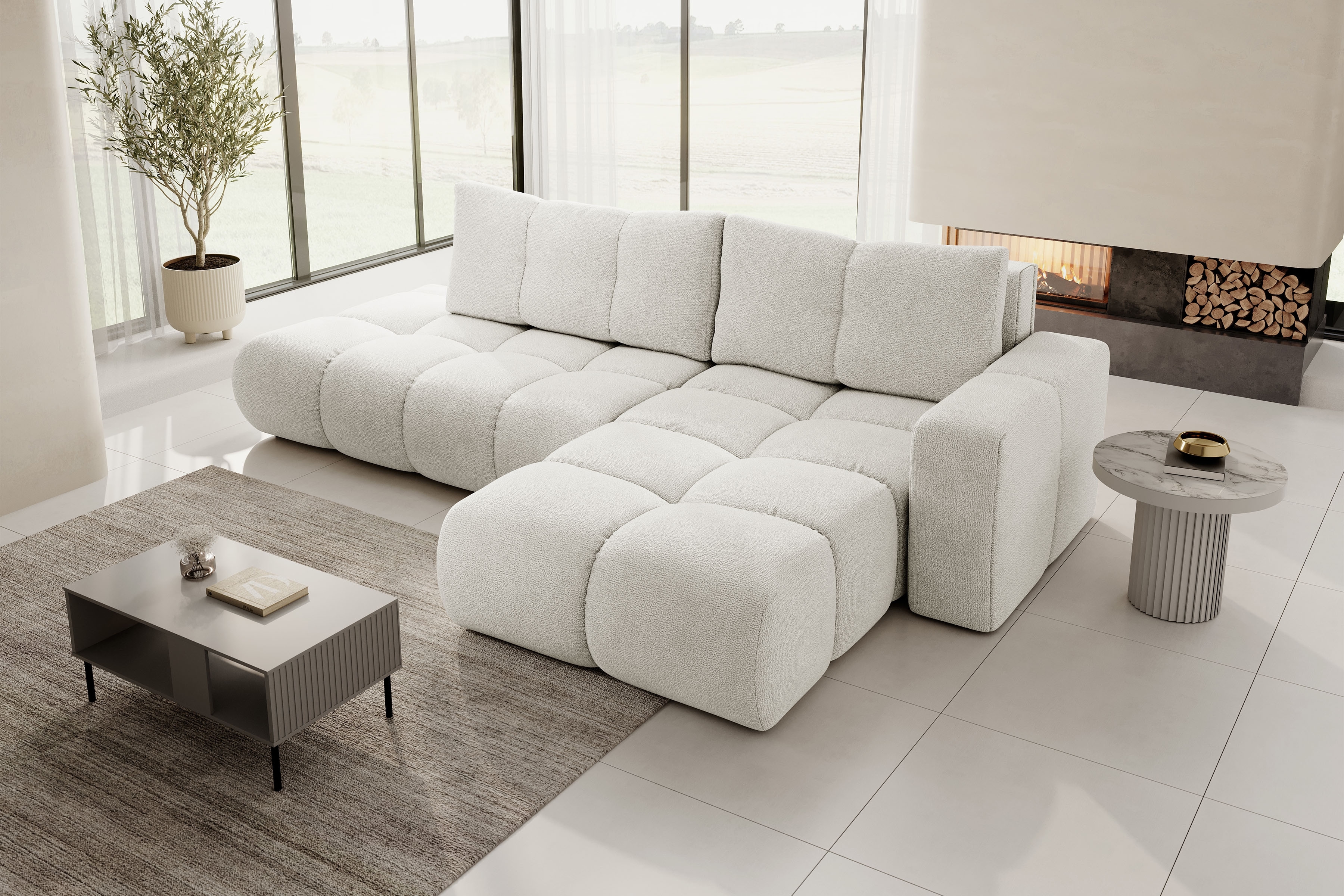 Rozkladacia rohová sedacia súprava Vebra pravá - krémová žinylka Perfect Harmony 02 Rohová sedacia súprava Vebra s funkciou spania pravá strana - Krémový šenil Perfect Harmony 02