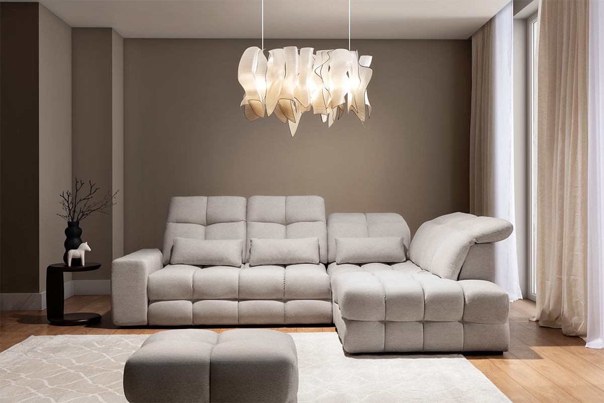 Rohová sedací souprava Magnelio Prestige L pravá s elektrickým vysouváním - béžová Perfect Harmony 02 Rohová sedací souprava z elektricky wysuwanym sedadlem Magnelio Prestige L pravá - béžová šenil Perfect Harmony 02 