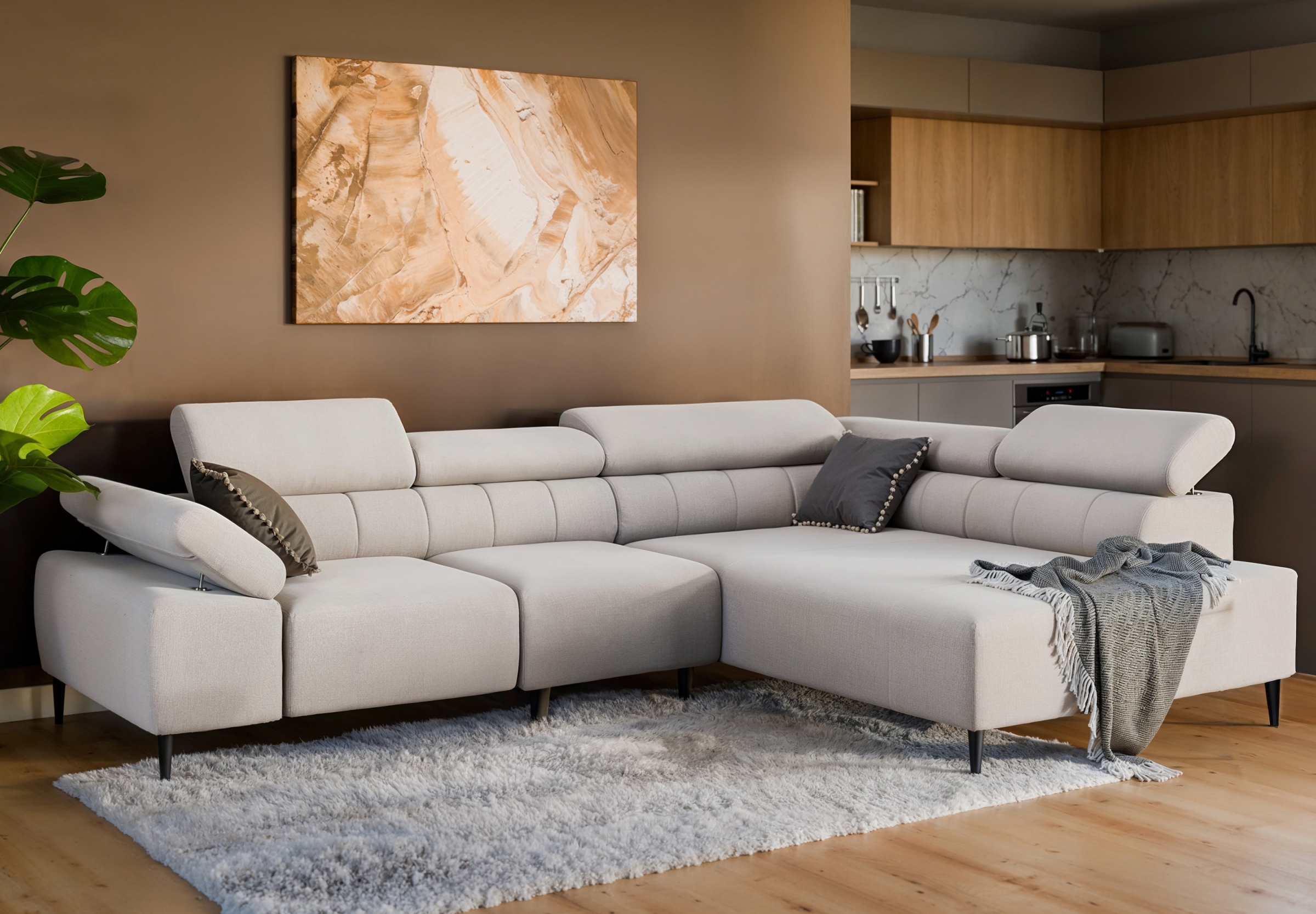 Rohová sedací souprava Taloria L pravá - béžová látka Maya 01 / černé nožky Rohová sedací souprava z elektricky wysuwanym sedadlem Taloria L pravá - béžová potahová látka snadno čistitelný Maya 01 / Nohy černá