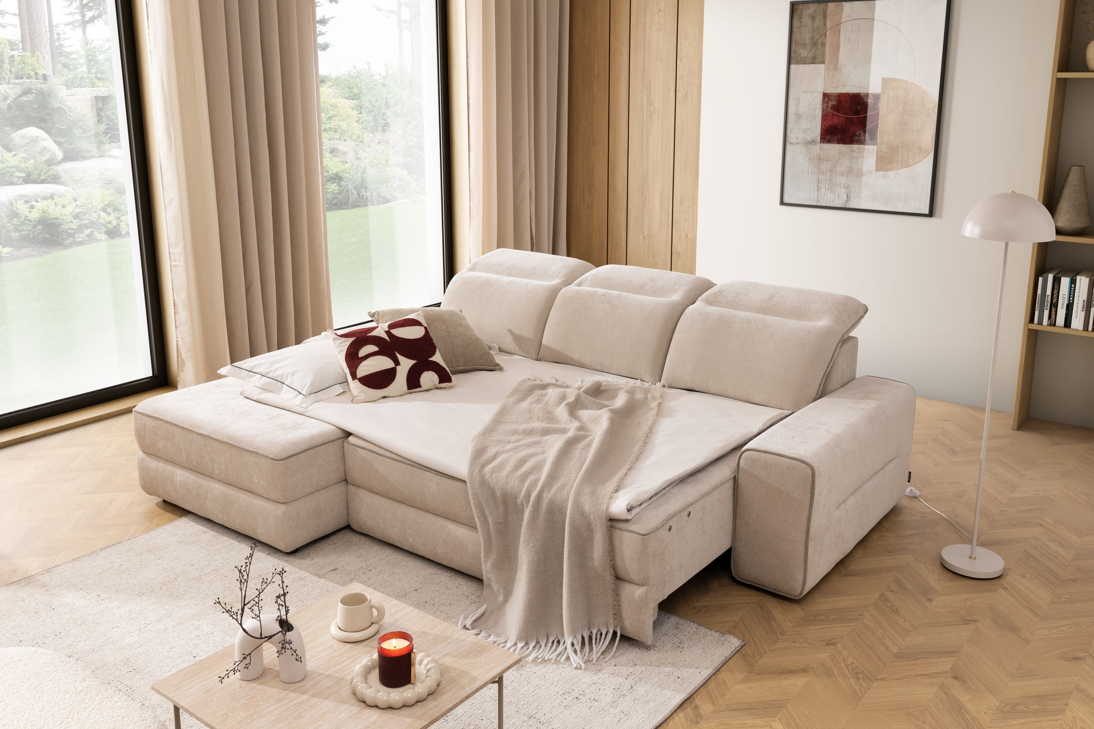 Rohová pohovka Tulia Mini s elektricky výsuvným sedákem Rohová sedací souprava z elektricky wysuwanym sedadlem Tulia Mini