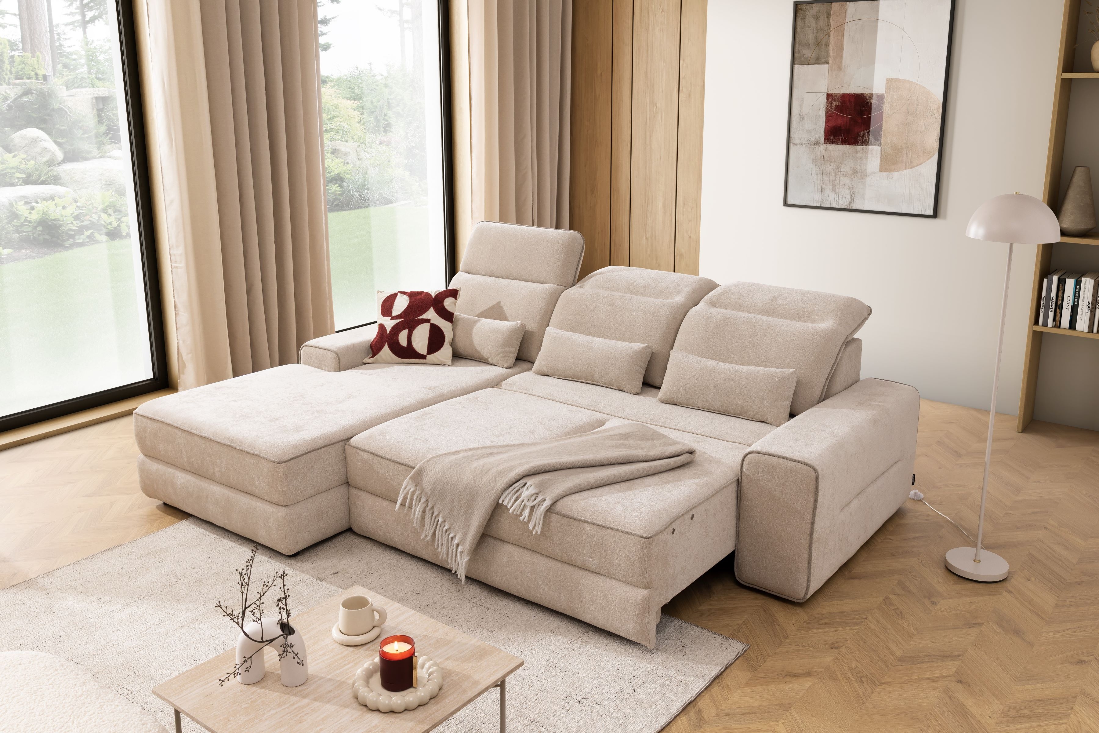 Rohová pohovka Tulia Mini s elektricky výsuvným sedákem Rohová sedací souprava z elektricky wysuwanym sedadlem Tulia Mini