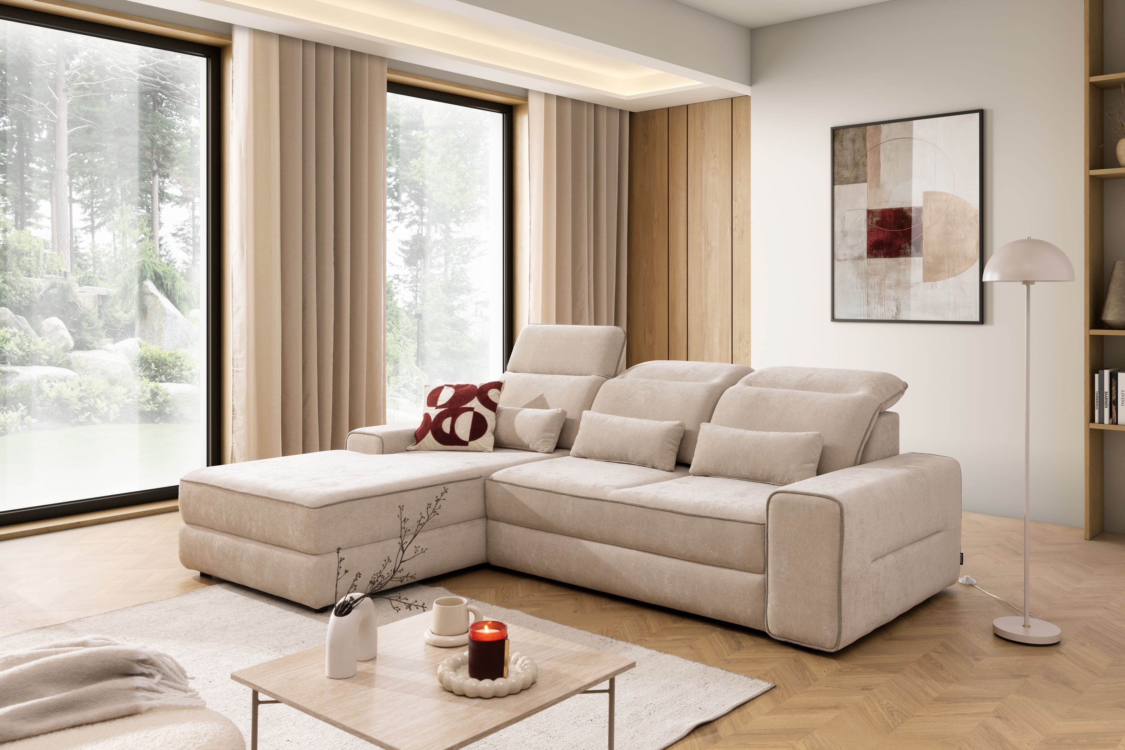 Rohová pohovka Tulia Mini s elektricky výsuvným sedákem Rohová sedací souprava z elektricky wysuwanym sedadlem Tulia Mini