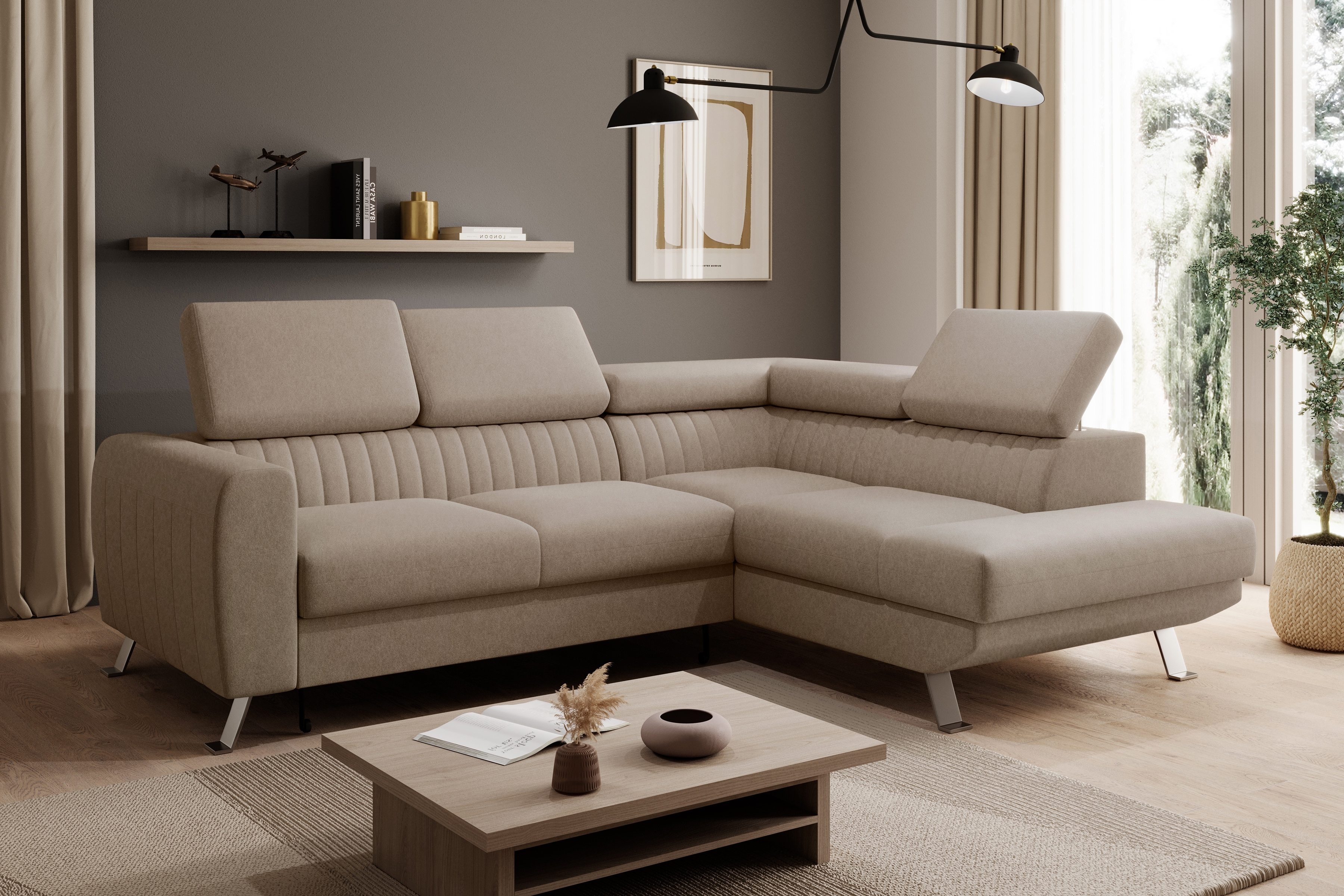 Rozkladacia rohová sedačka Zelubia pravá - béžový ľahkočistiaci zamat Castel 15 Rohová sedacia súprava s funkciou spánku Zelubia pravá strana - béžový zamat ľahkočistiaci Castel 15 - Limitowana ponuka