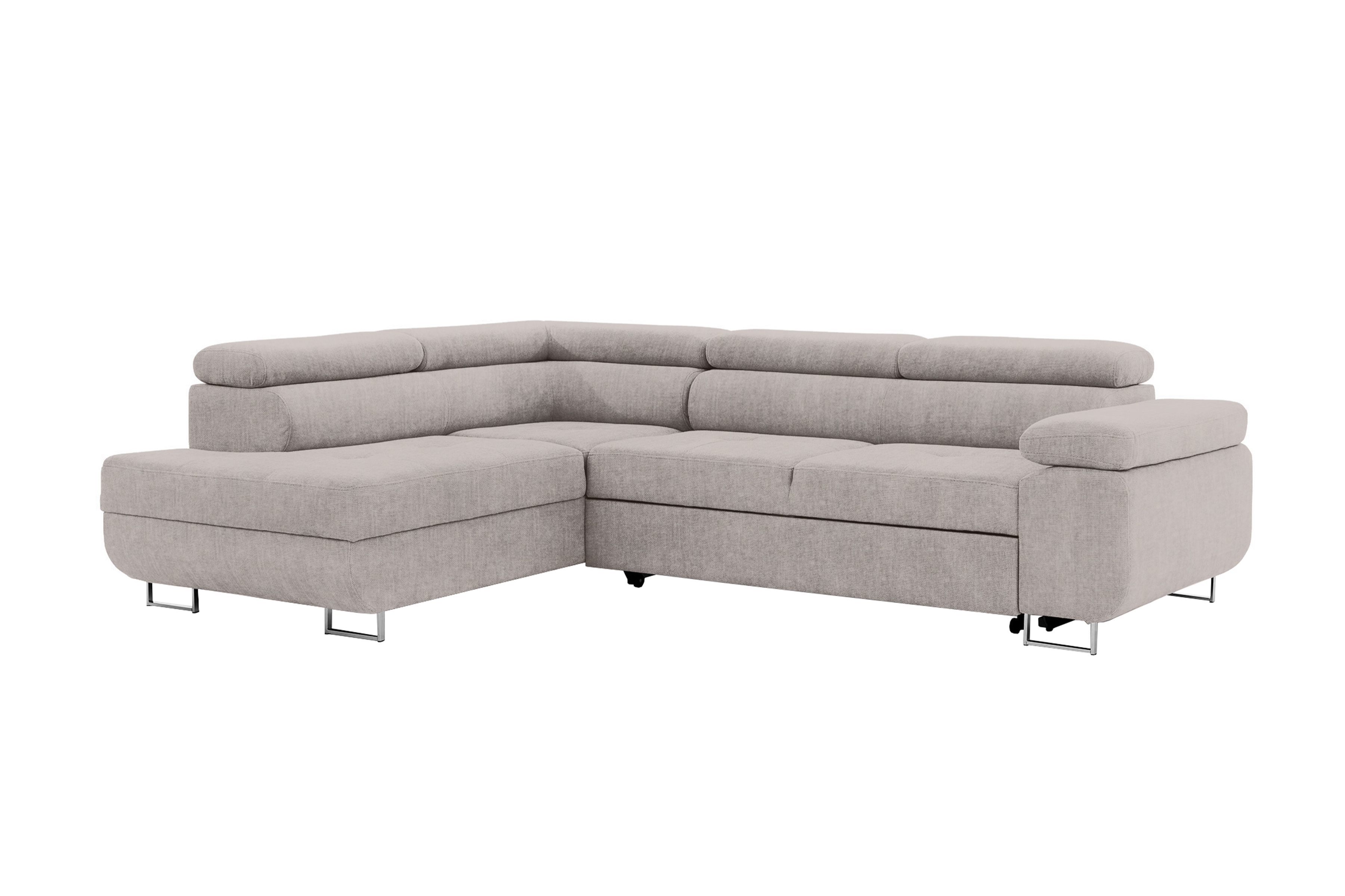 Rozkladacia rohová sedacia súprava Annabelle L ľavá - béžový ľahkočistiaci velúr Maya 01 / chrómové nožičky Rohová sedacia súprava s funkciou spania Annabelle Ľavá strana - Béžová látka Maya 01