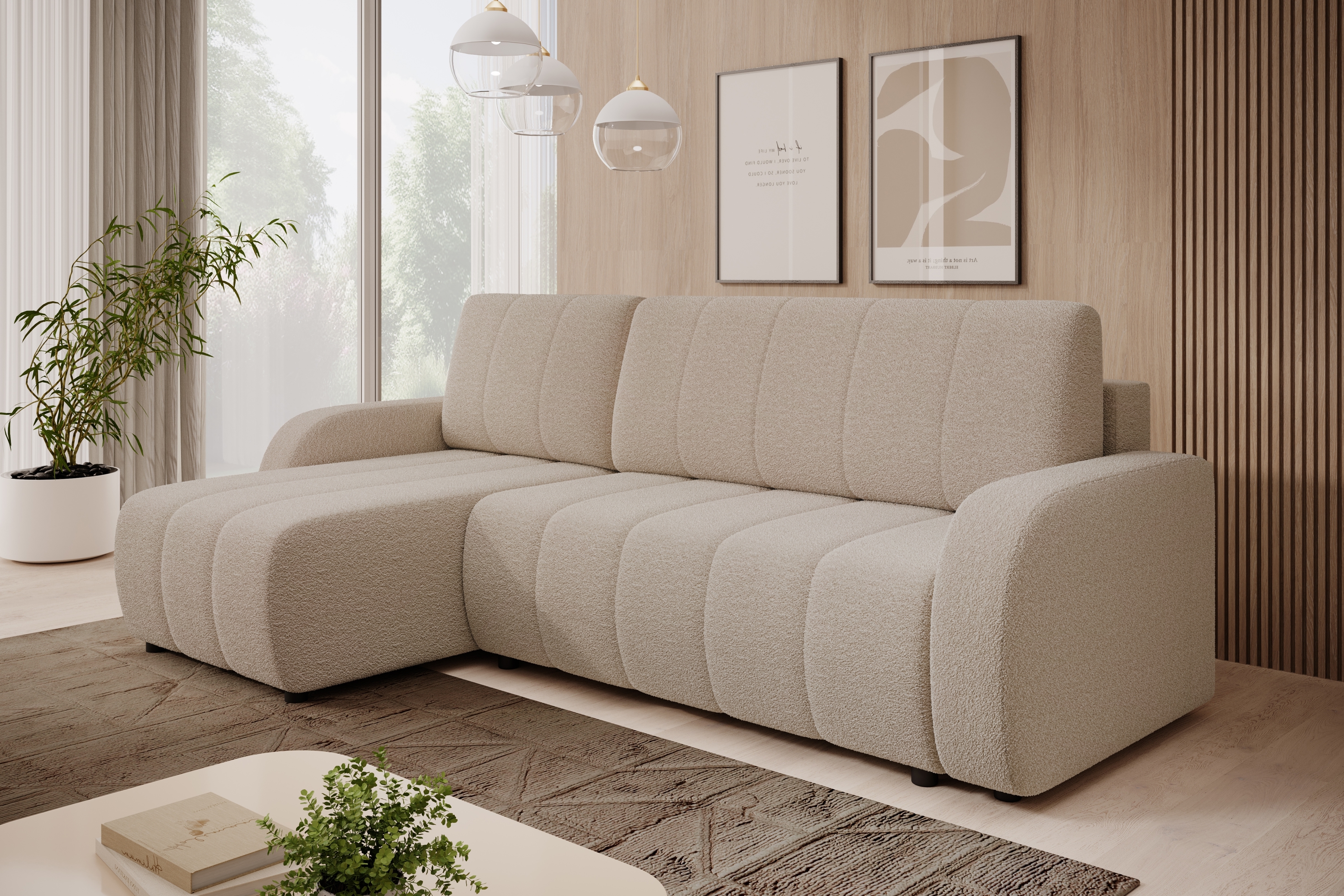 Rozkládací rohová sedací souprava Lapios levá - béžová boucle Lambi 5 Rohová sedací souprava rozkládací Lapios levá - béžová boucle Lambi 5