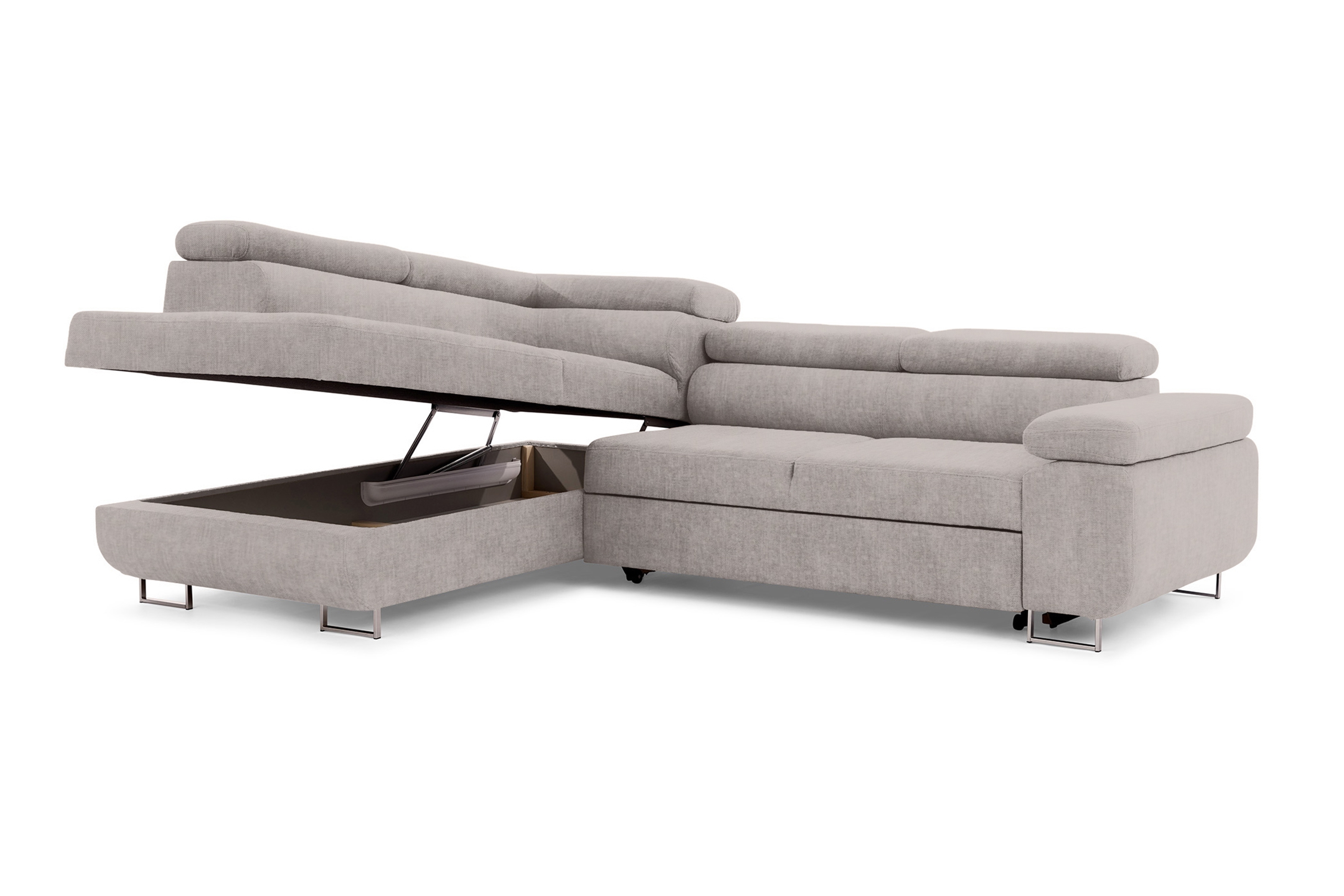 Rozkladacia rohová sedacia súprava Annabelle L ľavá - béžový ľahkočistiaci velúr Maya 01 / chrómové nožičky Rohová sedacia súprava s funkciou spania Annabelle Ľavá strana - Béžová látka Maya 01