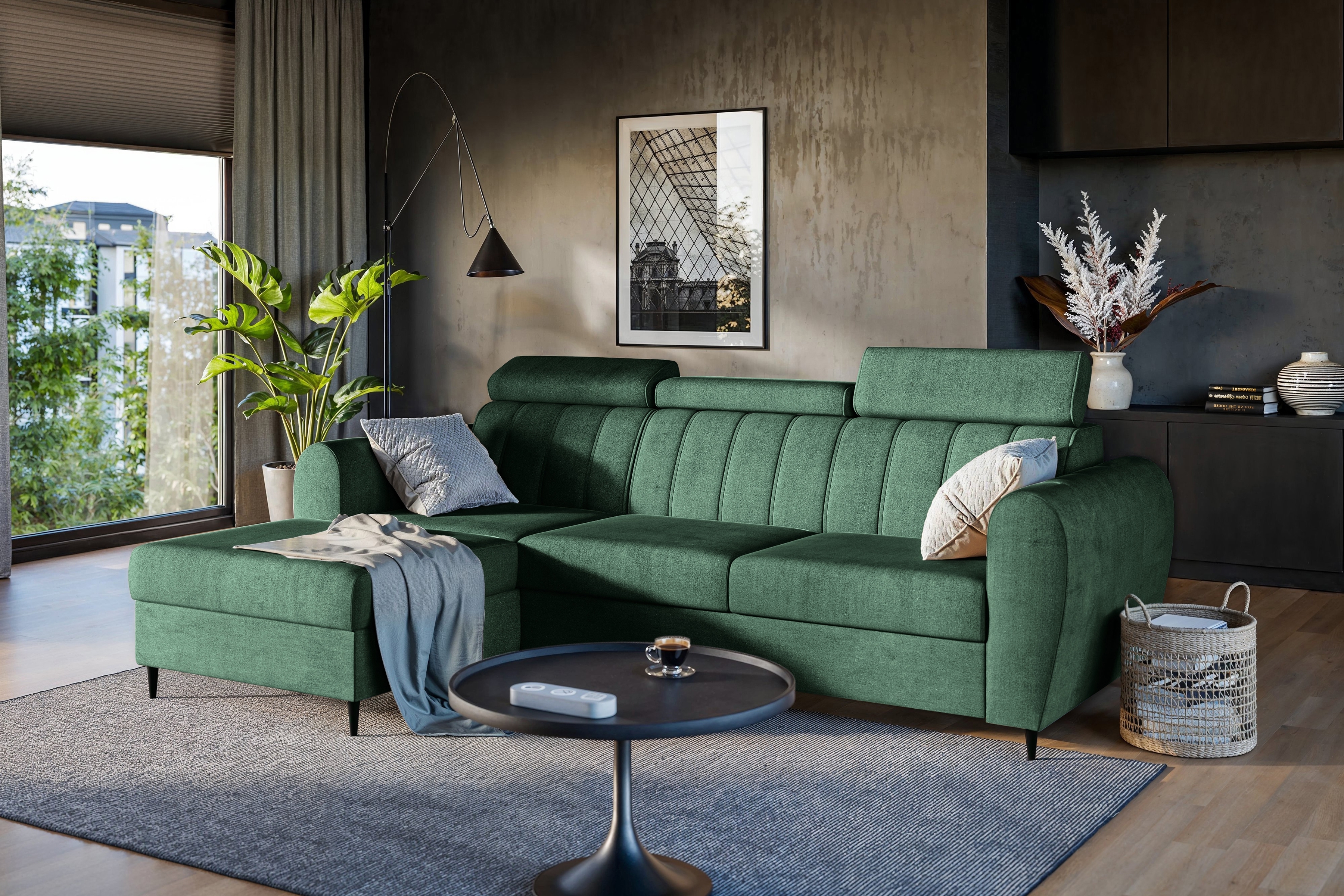 Rozkládací rohová sedací souprava Celias Mini levá - zelený samet Kronos 19 Rohová sedací souprava rozkládací Celias Mini levá - zelená samet Kronos 19