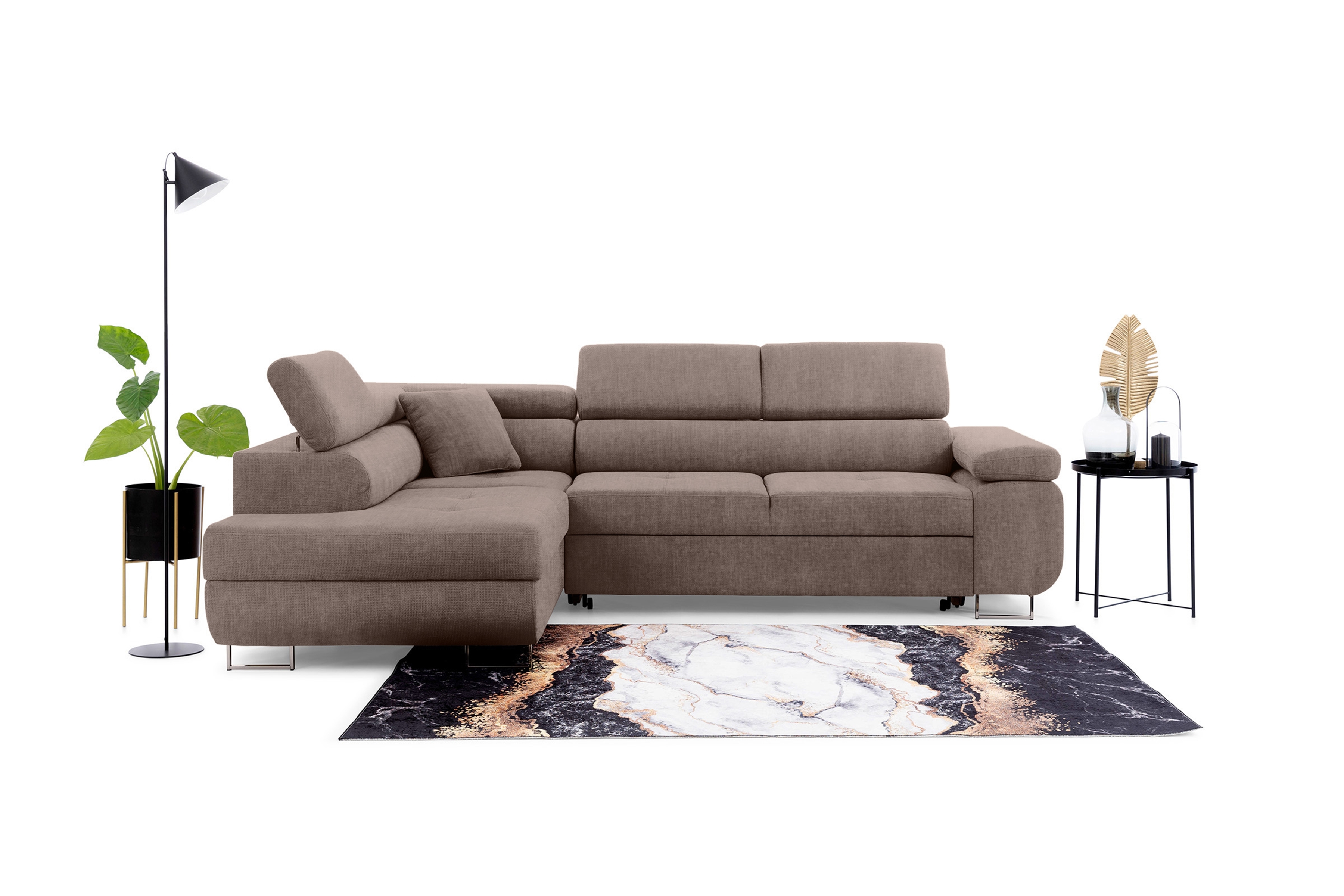 Rozkladacia rohová sedacia súprava Annabelle L ľavá - béžový hydrofóbny velúr Vogue 4 / chrómové nožičky Rohová sedacia súprava Annabelle