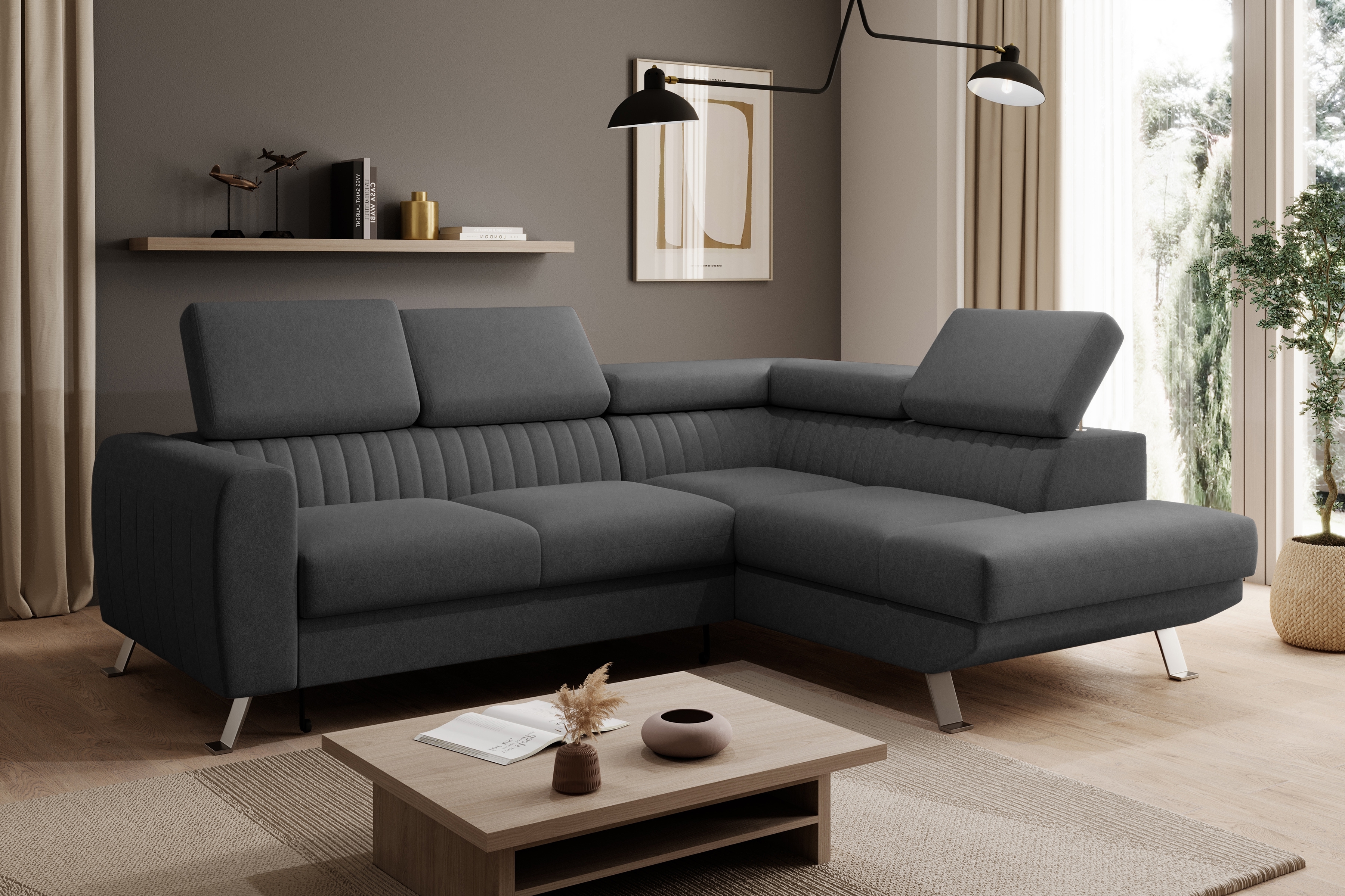 Rozkladacia rohová sedačka Zelubia pravá - šedý ľahkočistiaci zamat Castel 93 Rohová sedacia súprava s funkciou spánku Zelubia pravá strana - šedý zamat ľahkočistiaci Castel 93 - Limitowana ponuka