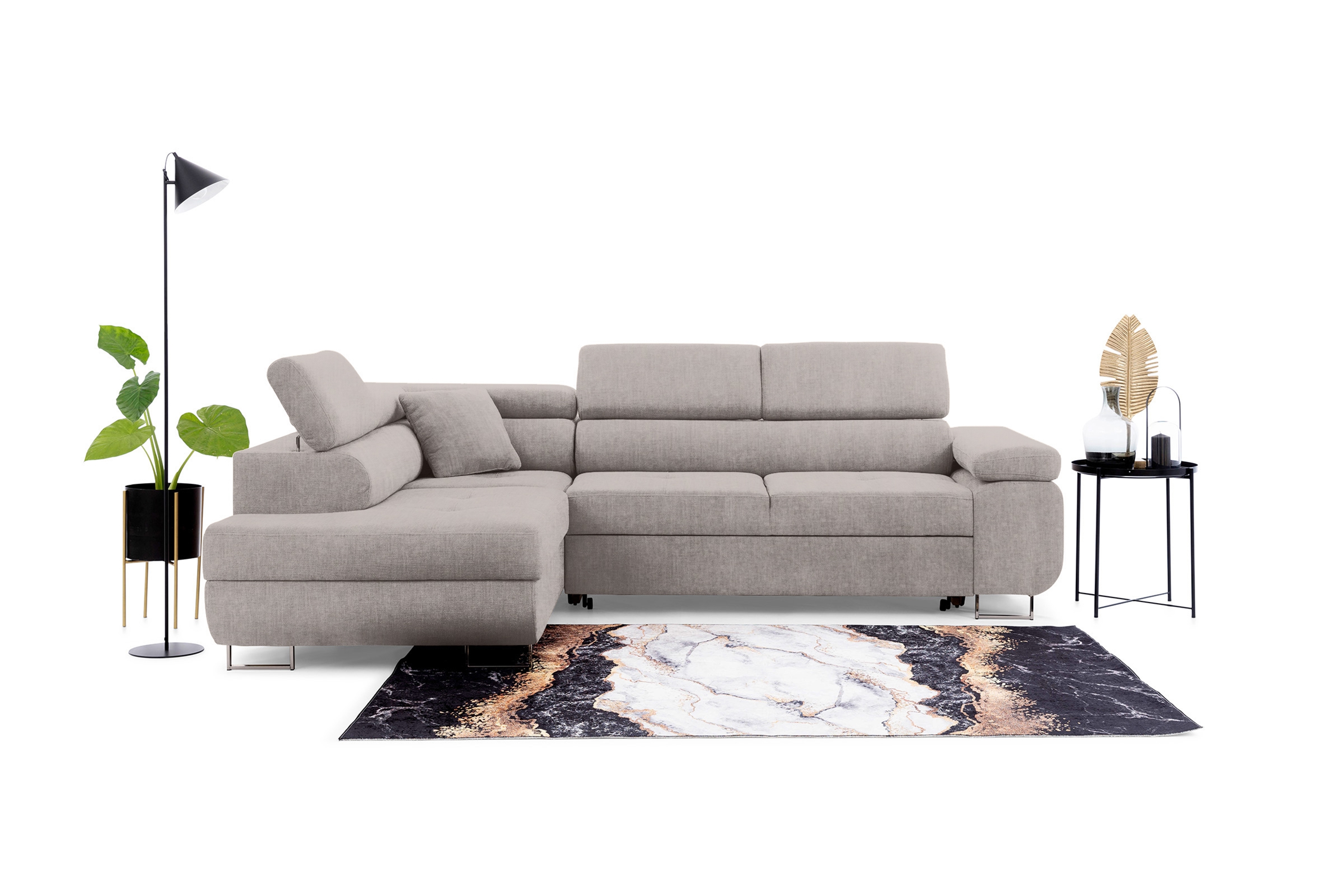 Rozkladacia rohová sedacia súprava Annabelle L ľavá - béžový ľahkočistiaci velúr Maya 01 / chrómové nožičky Rohová sedacia súprava s funkciou spania Annabelle Ľavá strana - Béžová látka Maya 01