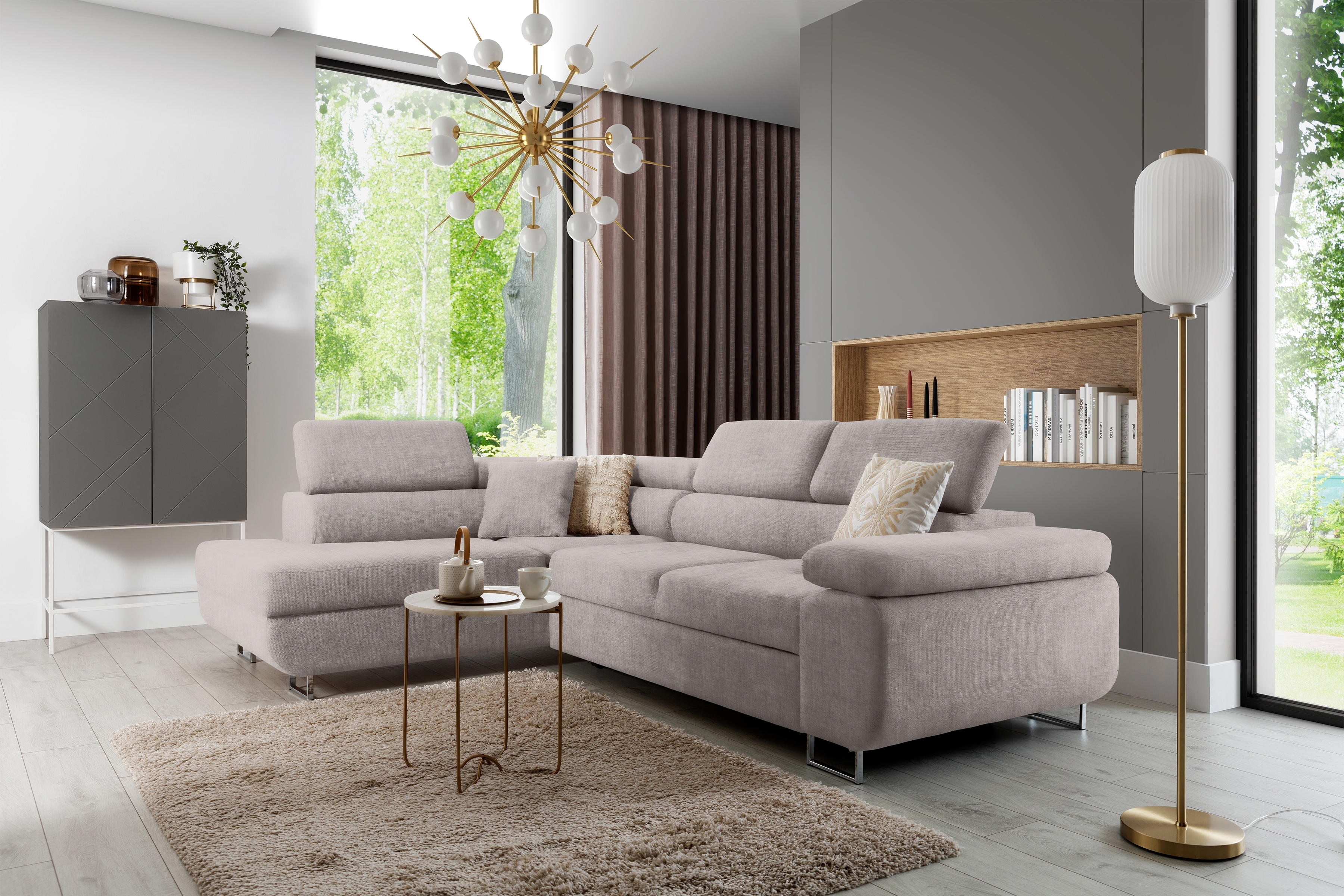 Rozkladacia rohová sedacia súprava Annabelle L ľavá - béžový ľahkočistiaci velúr Maya 01 / chrómové nožičky Rohová sedacia súprava s funkciou spania Annabelle Ľavá strana - Béžová látka Maya 01