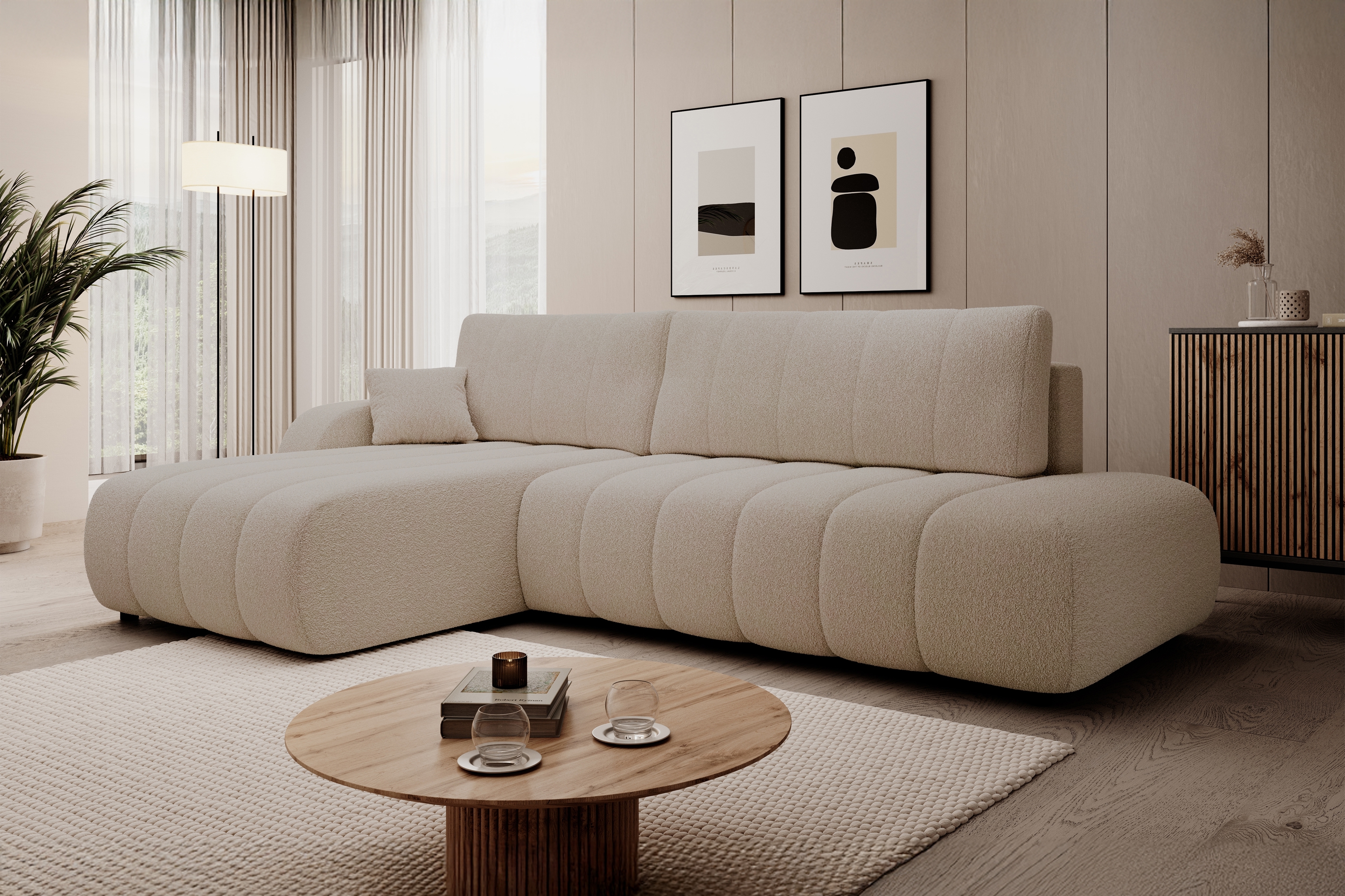 Rozkládací rohová sedací souprava Zelio levá - béžová Lambi 5 Rohová sedací souprava rozkládací Zelio levá - béžová boucle Lambi 5