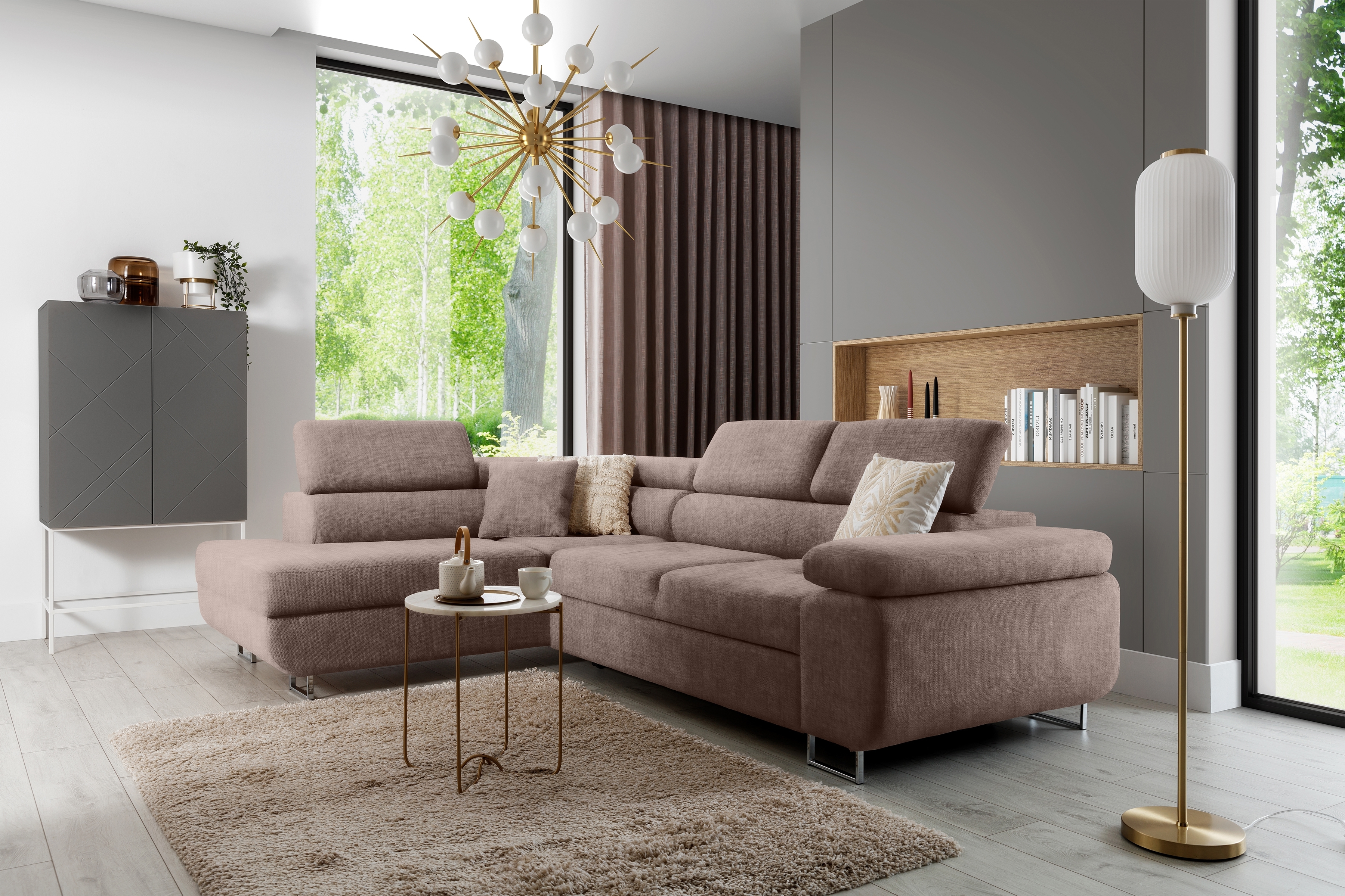 Rozkladacia rohová sedacia súprava Annabelle L ľavá - béžový hydrofóbny velúr Vogue 4 / chrómové nožičky Rohová sedacia súprava Annabelle do obývacej izby