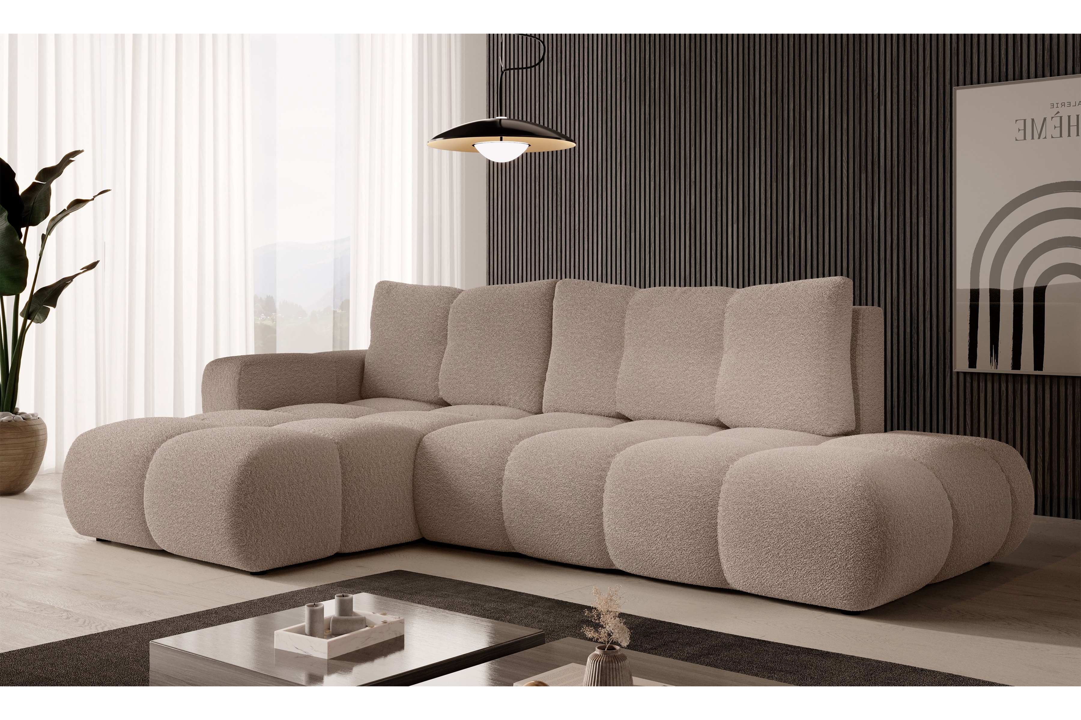 Rohová sedacia súprava Fiza ľavá s funkciou spania - béžová bouclé Lambi 10 Rohová sedacia súprava s funkciou spania Fiza Ľavá strana - Béžová boucle Lambi 10