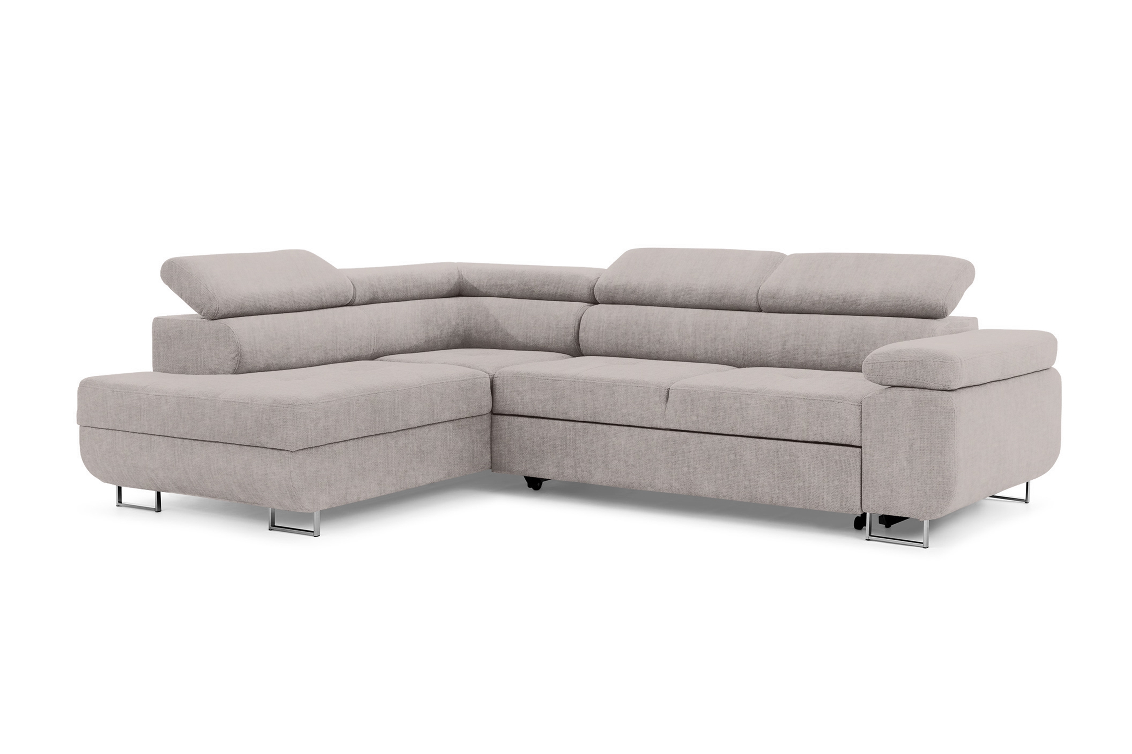 Rozkladacia rohová sedacia súprava Annabelle L ľavá - béžový ľahkočistiaci velúr Maya 01 / chrómové nožičky Rohová sedacia súprava s funkciou spania Annabelle Ľavá strana - Béžová látka Maya 01