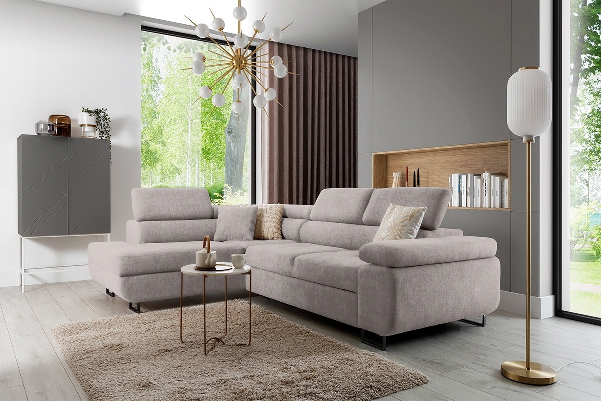 Rozkladacia rohová sedacia súprava Annabelle L ľavá - béžová pletenina Maya 01 / čierne nožičky Rohová sedacia súprava s funkciou spania Annabelle L Ľavá strana - Béžová látka Maya 01 / nožičky čierny