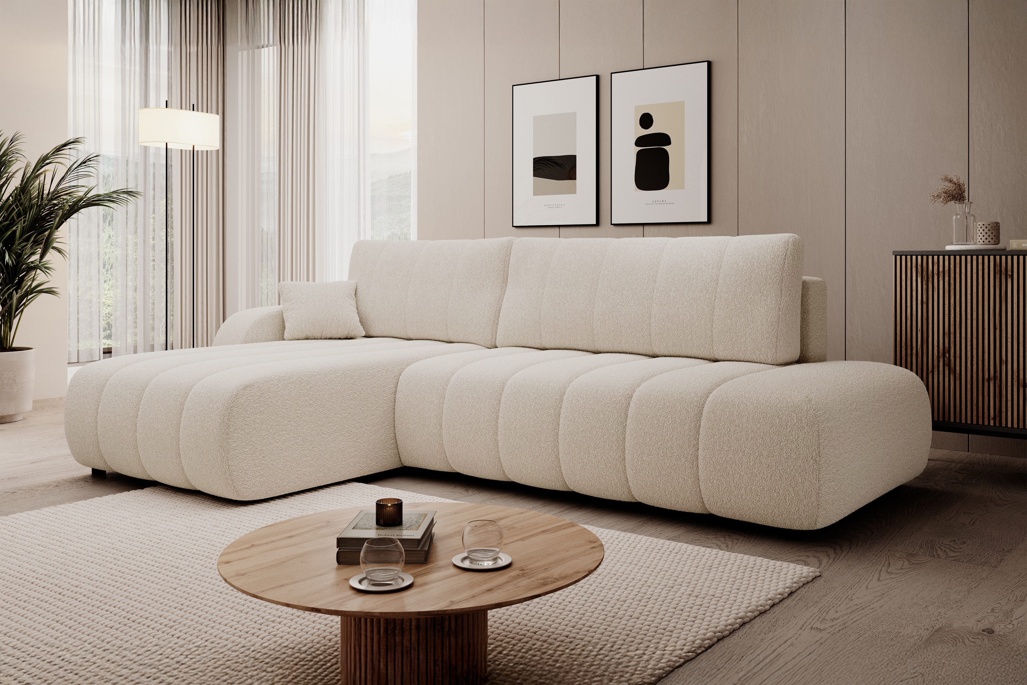 Rozkládací rohová sedací souprava Zelio levá - béžová Lambi 8 Rohová sedací souprava rozkládací Zelio levá - kremowa boucle Lambi 8