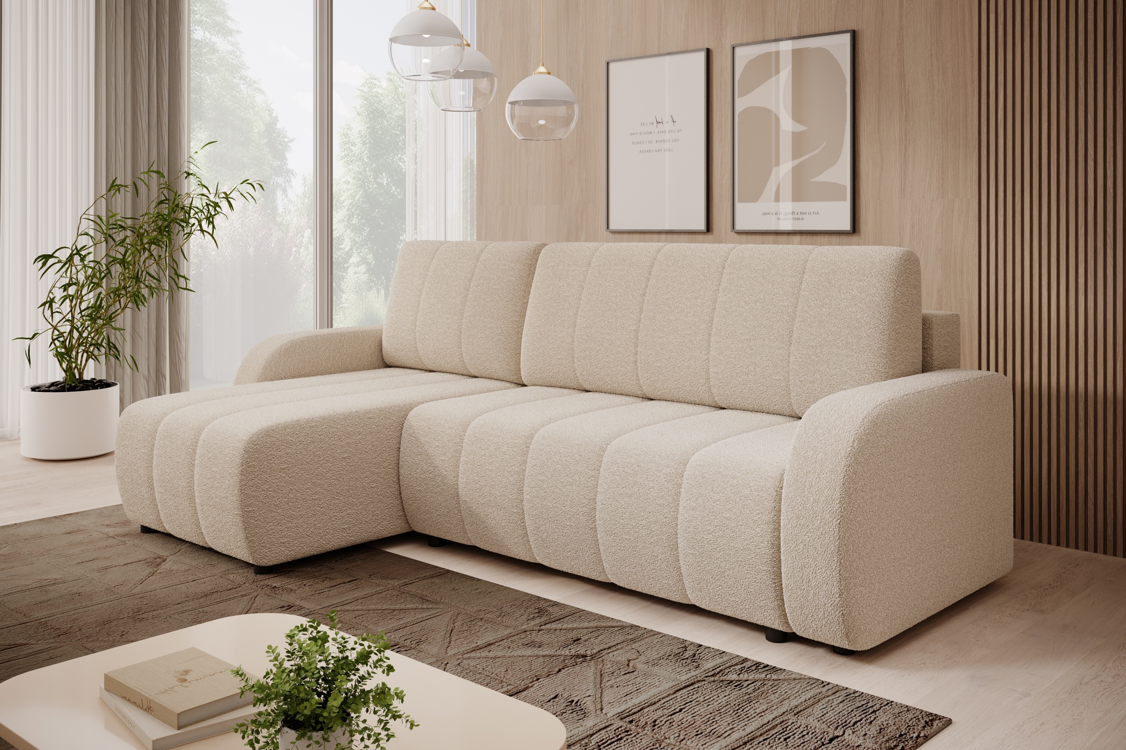 Rozkládací rohová sedací souprava Lapios levá - krémová boucle Lambi 8 Rohová sedací souprava rozkládací Lapios levá - kremowa boucle Lambi 8