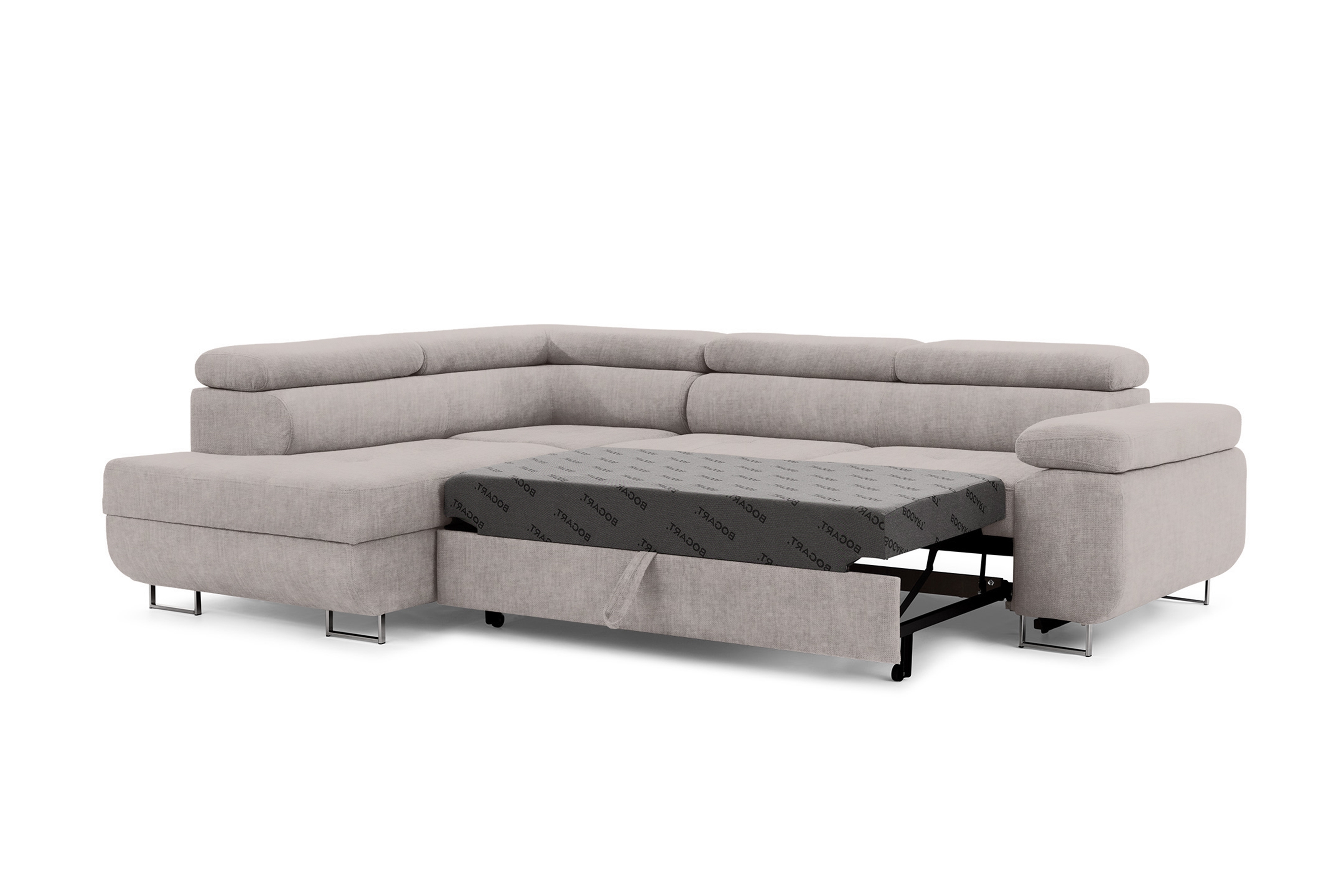 Rozkladacia rohová sedacia súprava Annabelle L ľavá - béžový ľahkočistiaci velúr Maya 01 / chrómové nožičky Rohová sedacia súprava s funkciou spania Annabelle Ľavá strana - Béžová látka Maya 01