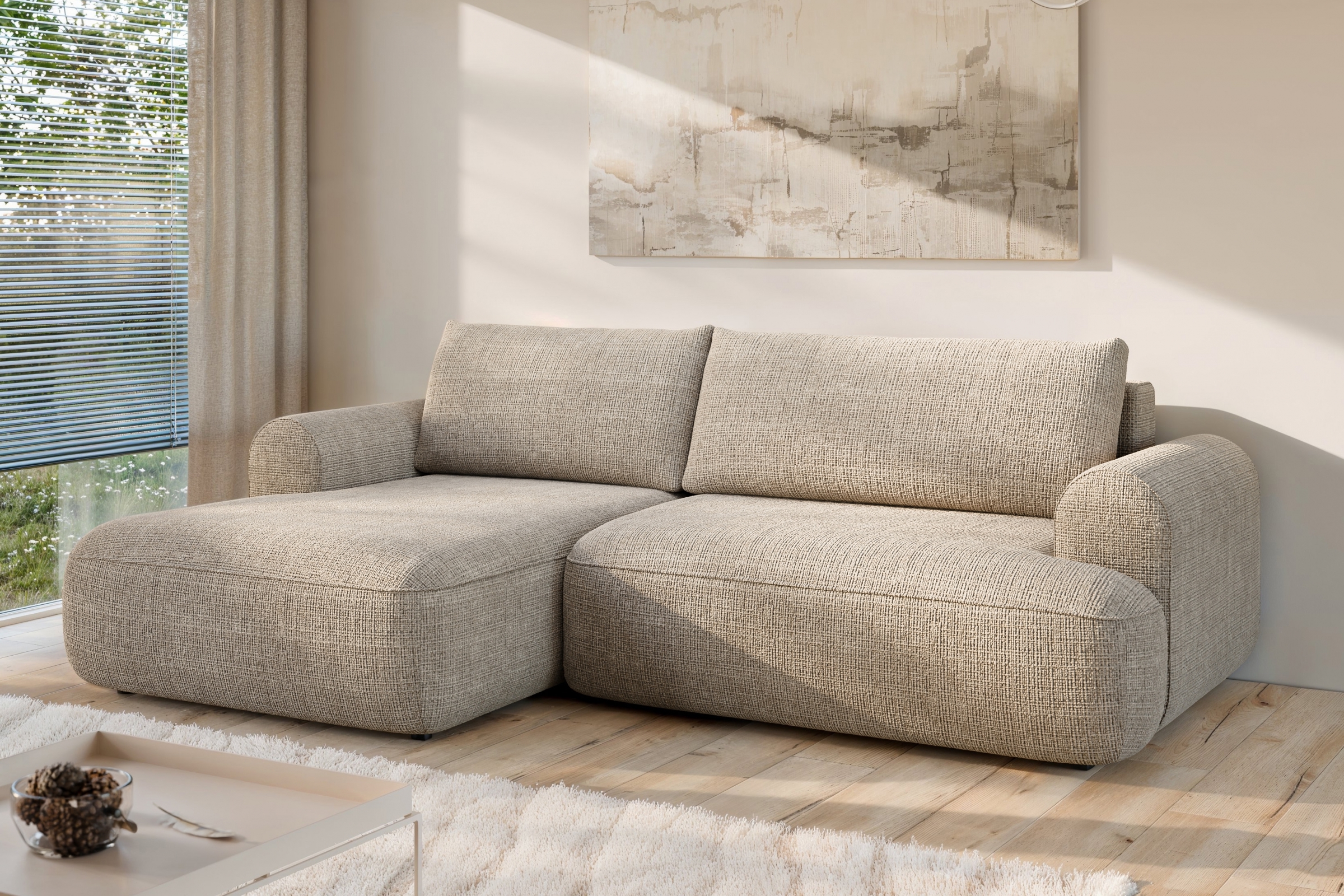 Rozkladacia rohová sedacia súprava Lotulis Mini ľavá - béžová žinylka Cremona 14 Rohová sedacia súprava s funkciou spánku Lotulis Mini Ľavá strana - béžový šenil Cremona 14 