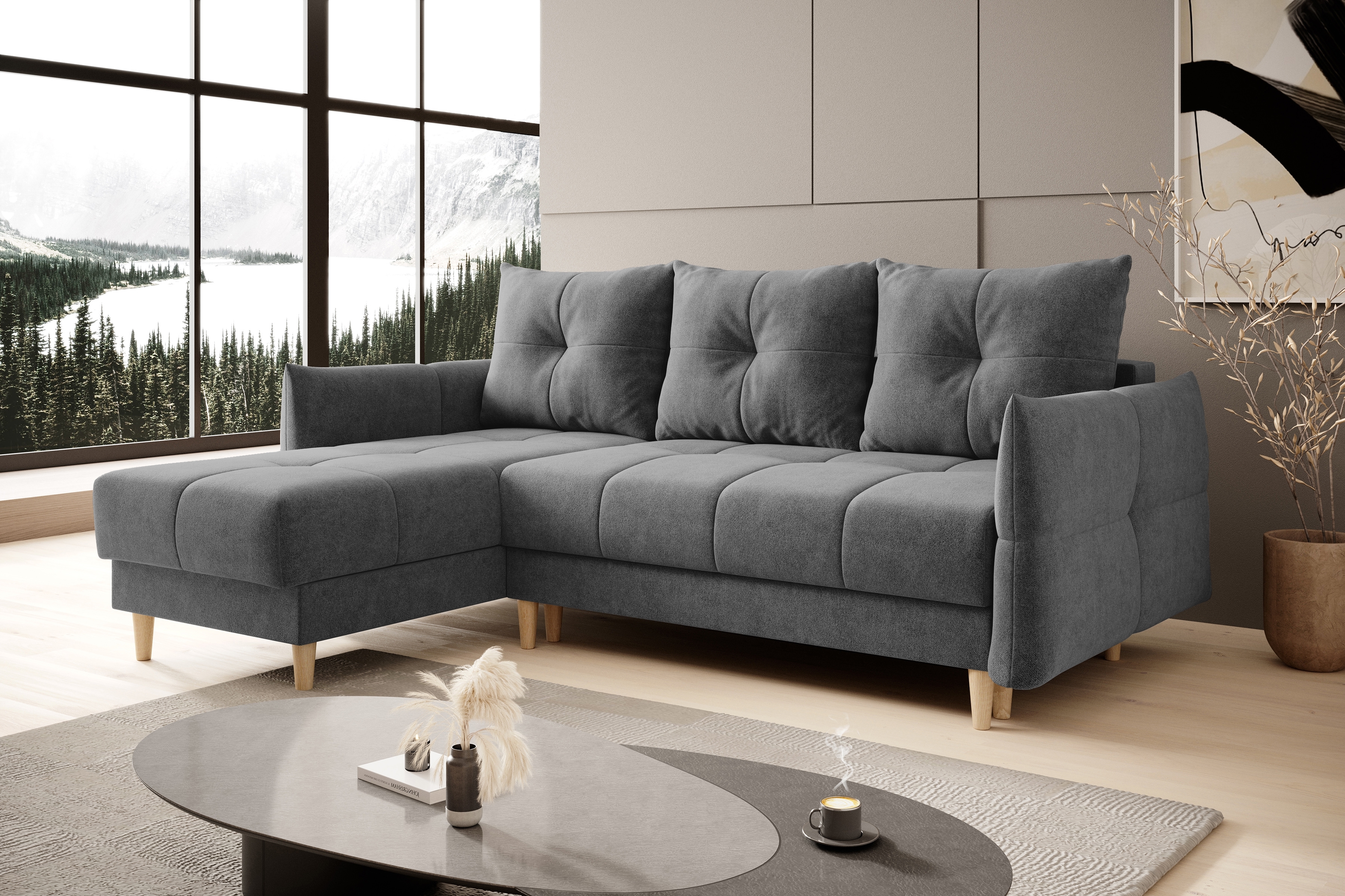 Rozkladacia rohová sedacia súprava Fitelia ľavá - sivý ľahkočistiaci zamat Zetta 305 / buk Rohová sedacia súprava s funkciou spánku Fitelia Ľavá strana - šedý zamat ľahkočistiaci Zetta 305 / nožičky buk 